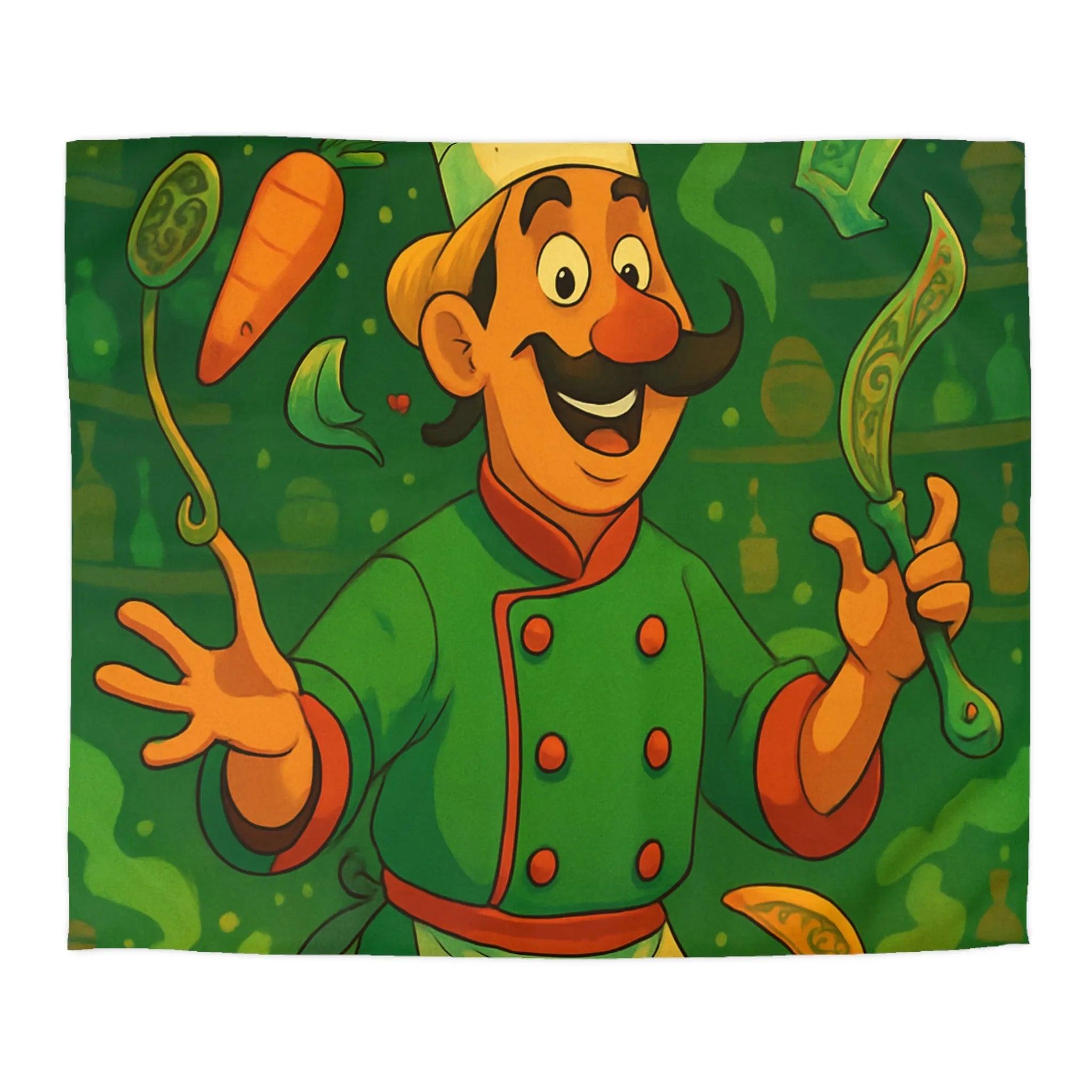 Housse De Couette Chef Cartoon Coloré Jonglant Avec Légumes Dans Cuisine Magique Verte