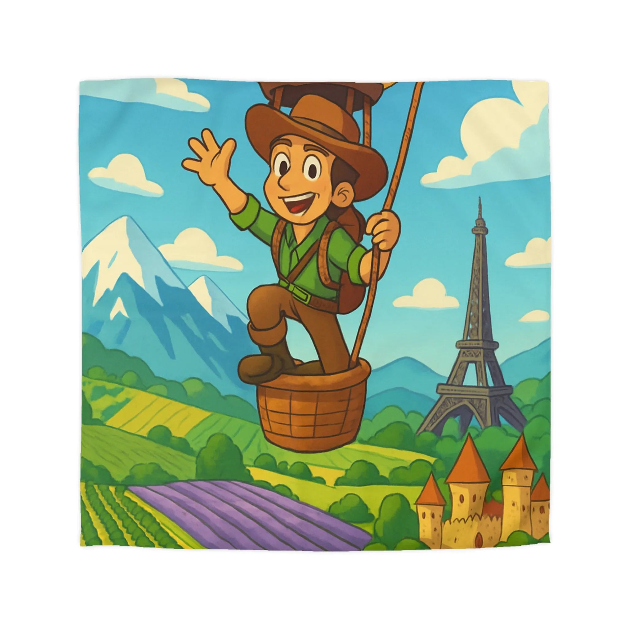 Charmant voyageur en montgolfière surplombant paysages français, champs et monuments emblématiques