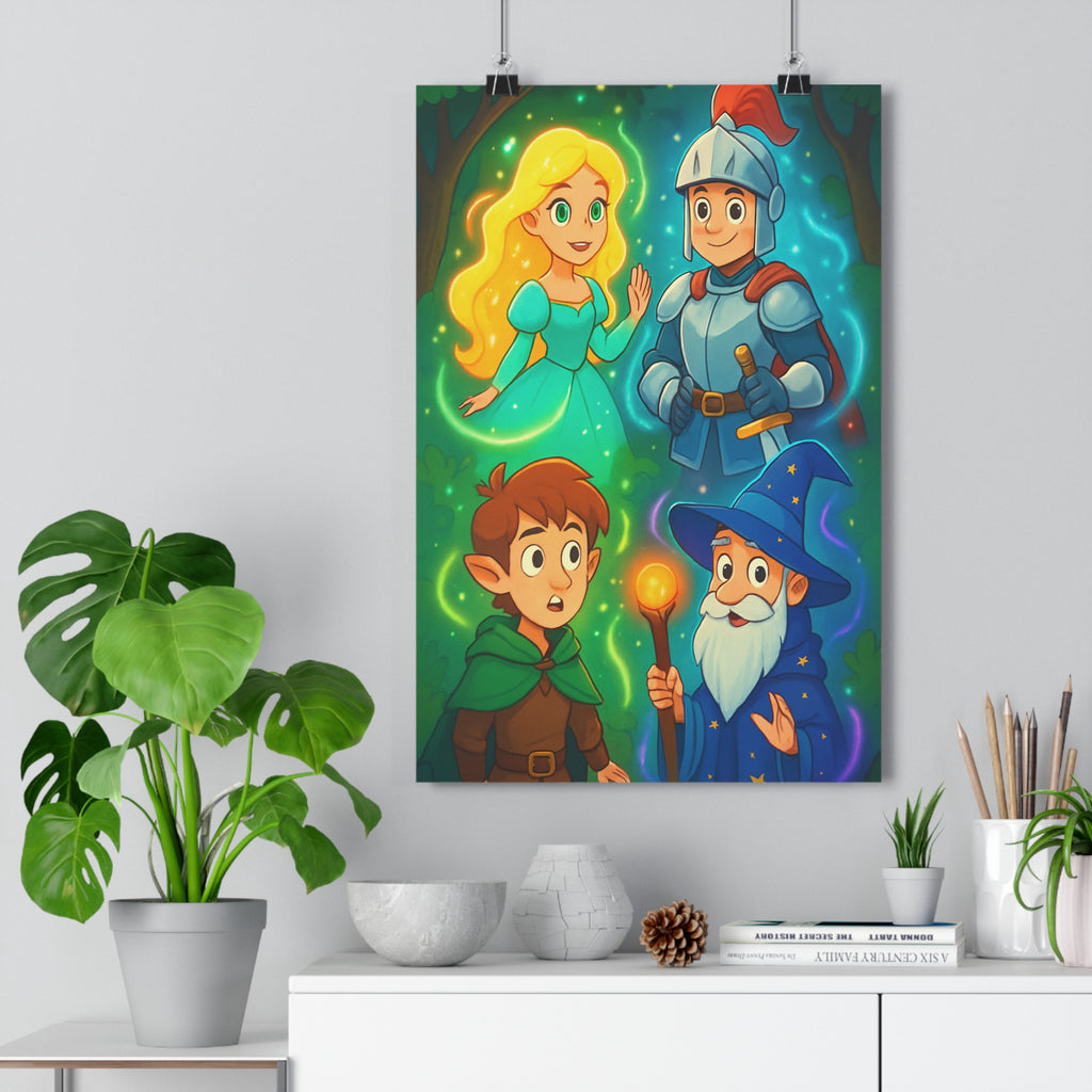 Poster décoratif cartoon turquoise vert bleu magique enchanteur chambre enfant joyeux personnages fantastiques 30x46