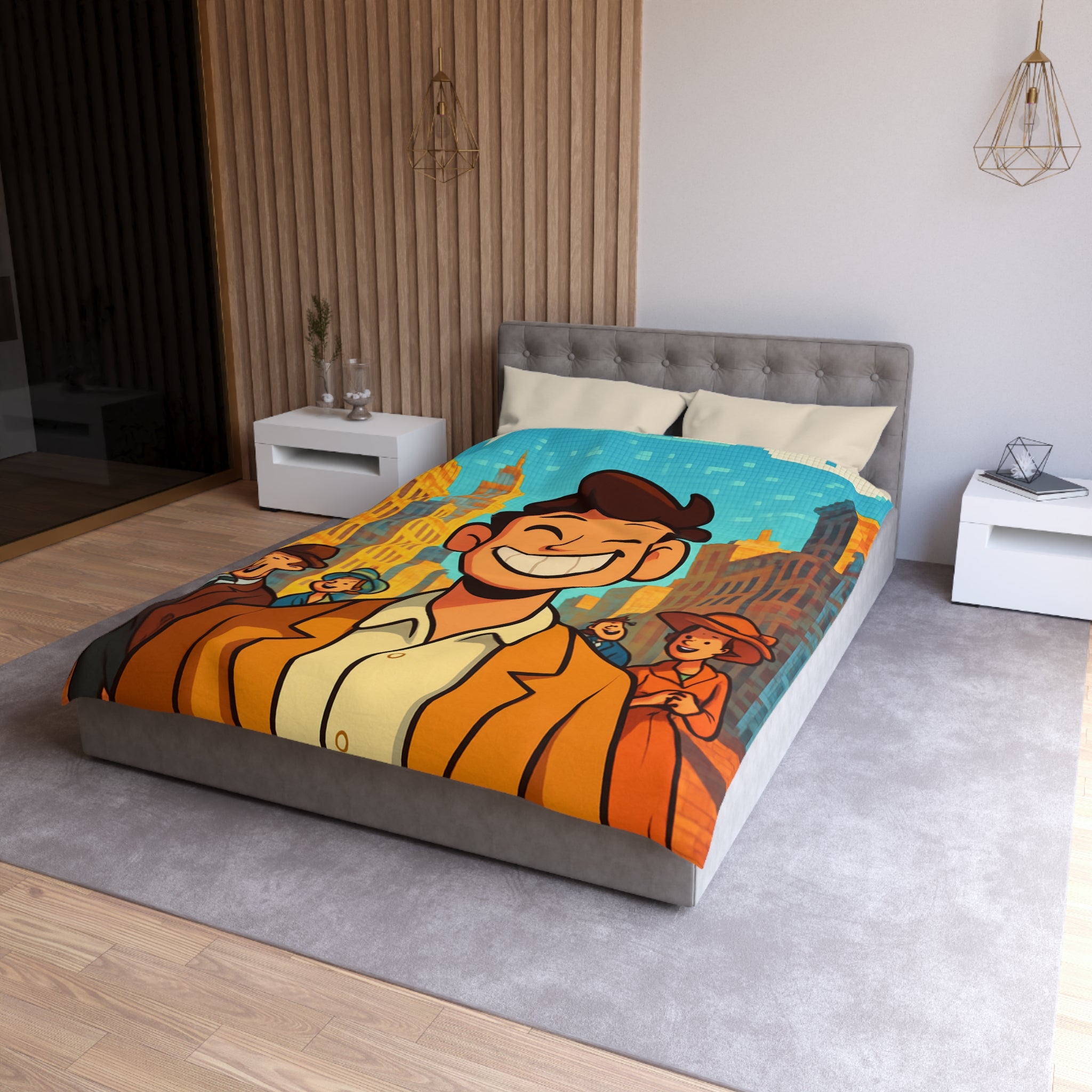 Housse de couette vintage avec personnages souriants et architecture urbaine en arrière-plan