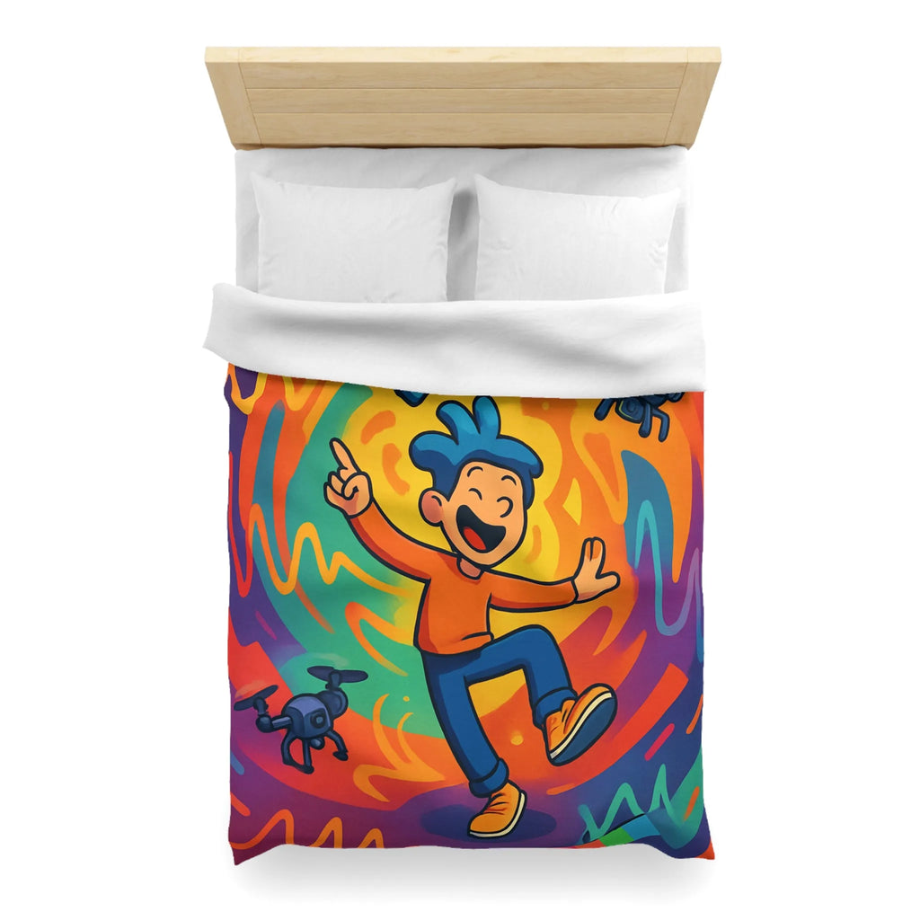 Housse de couette colorée avec personnage joyeux et drones volants autour des ondes