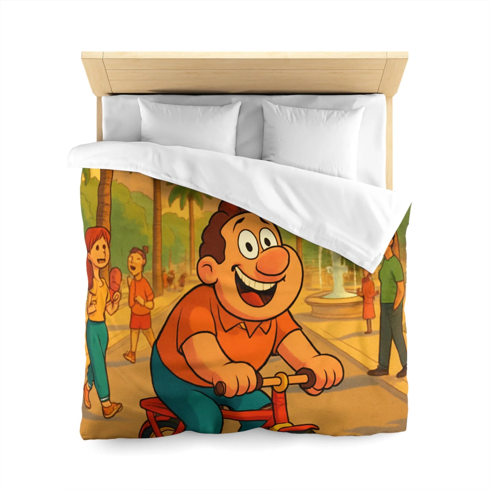 Housse de Couette Cartoon Joyeuse avec Cycliste dans un Parc Tropical et Fontaine