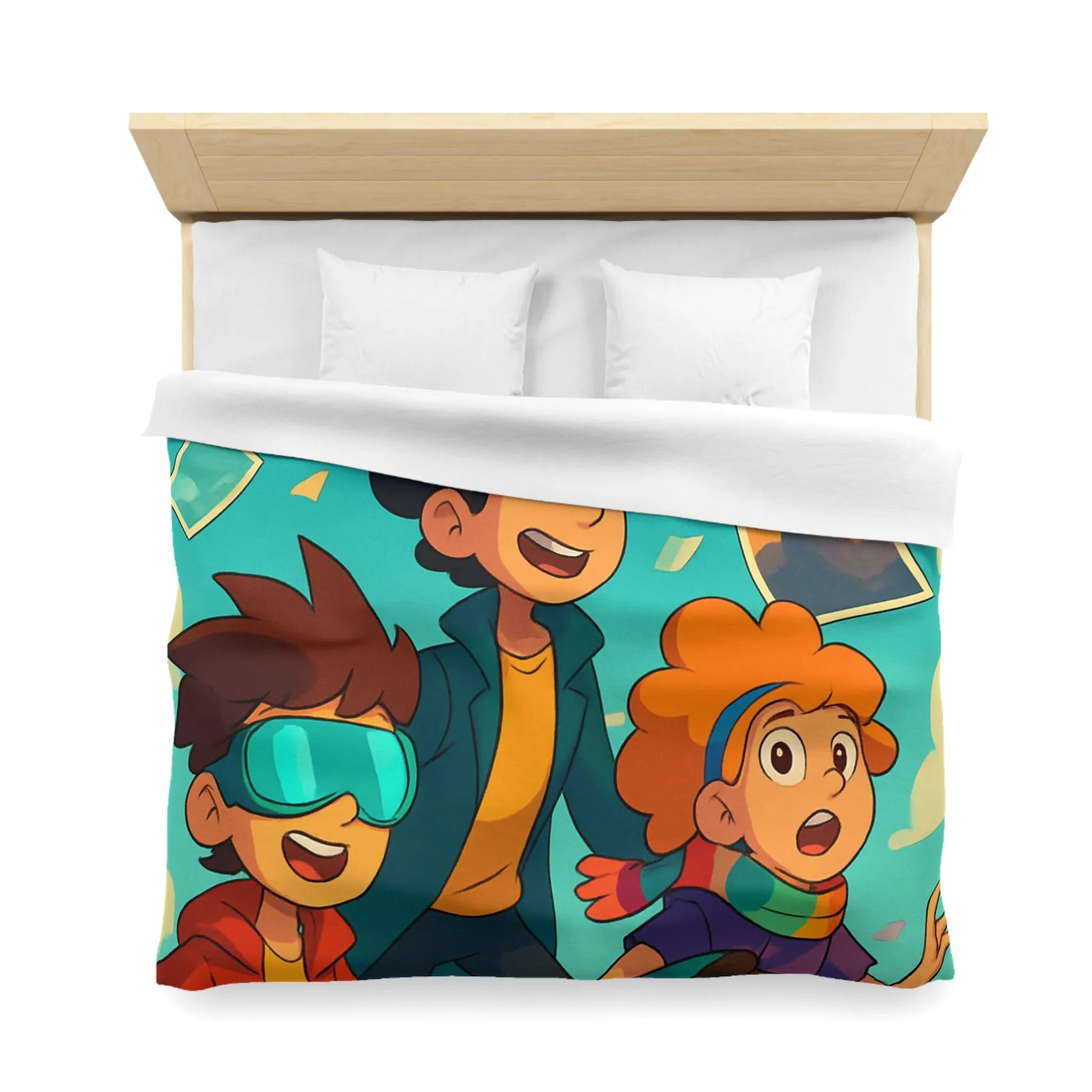 Housse de couette colorée avec enfants explorateurs et illustrations de paysages flottants