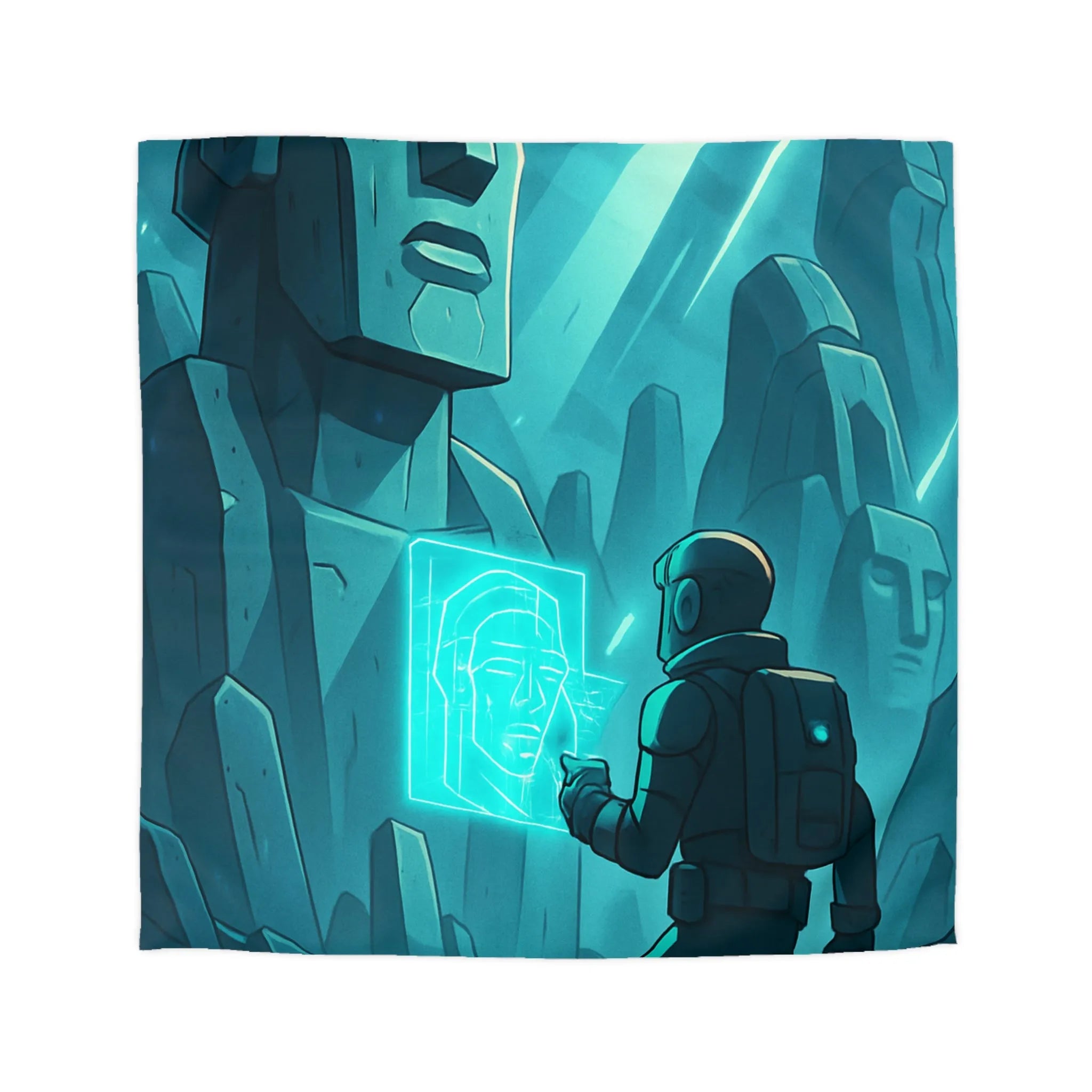 Housse de couette futuriste avec statues anciennes et explorateur dans une ambiance lumineuse néon