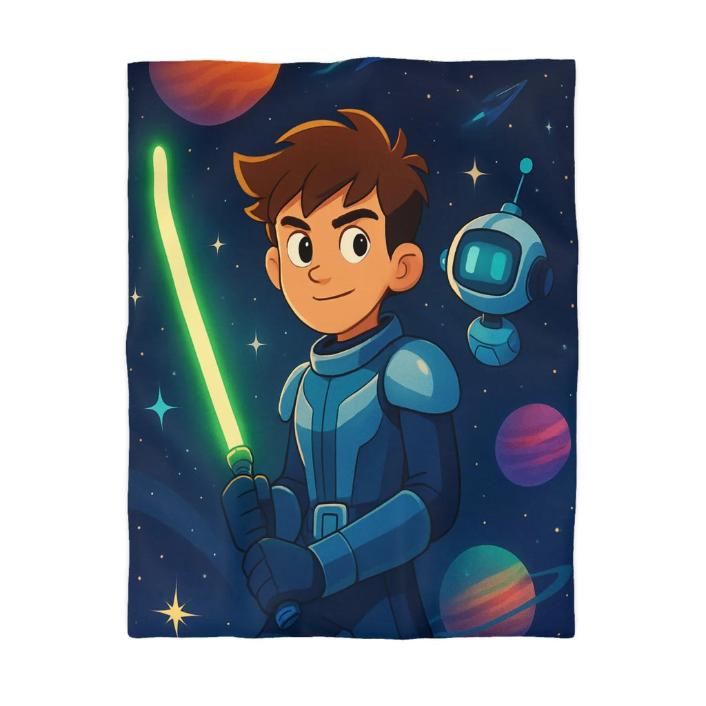 Housse de couette galactique avec enfant et robot, étoiles scintillantes et planètes colorées