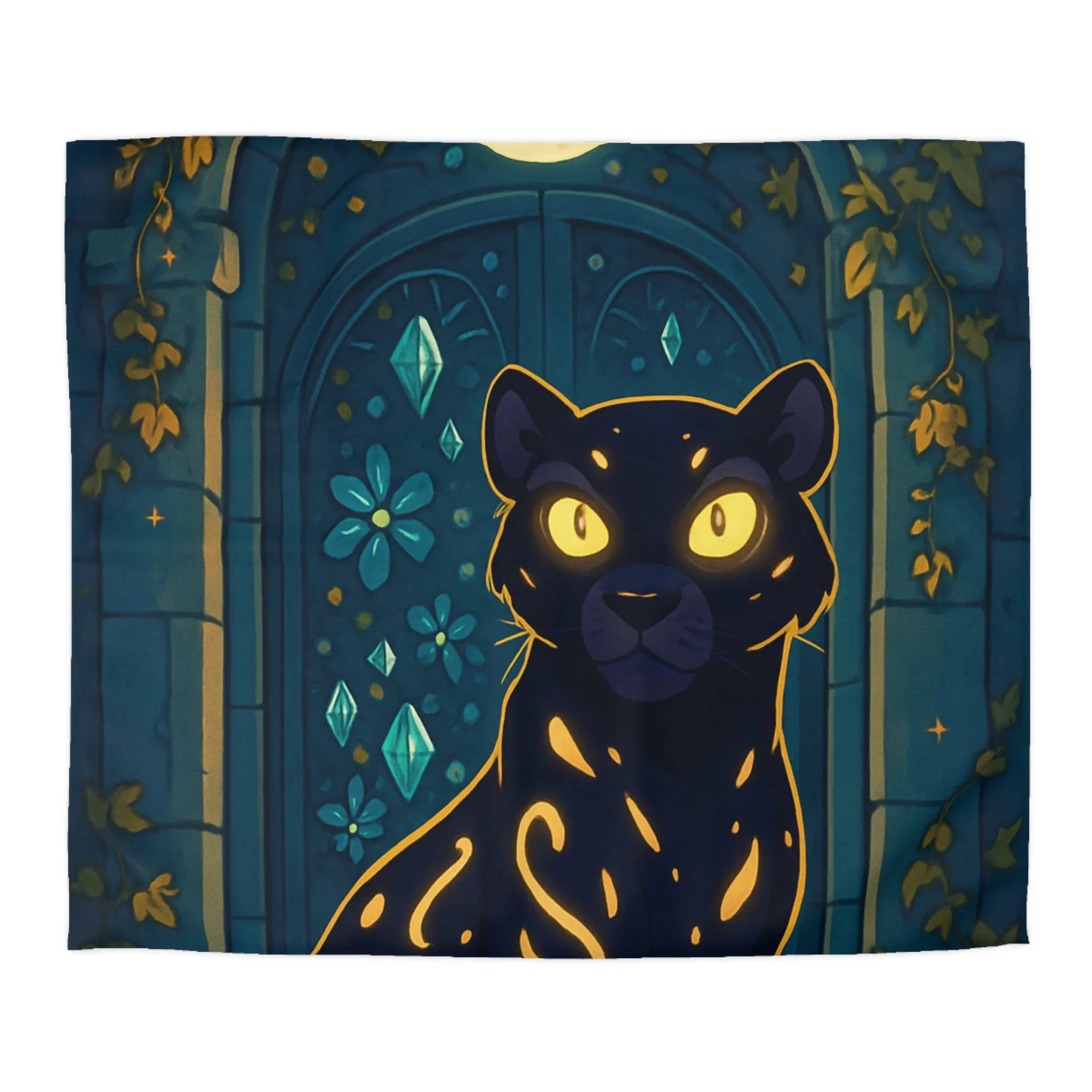 Housse de couette féline enchantée avec portail lunaire et arabesques dorées en forêt