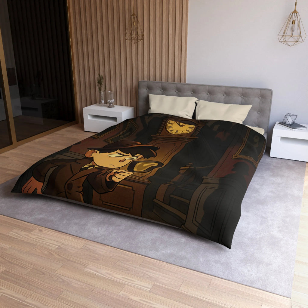 Housse de couette détective vintage avec horloge et silhouettes mystérieuses pour ambiance intrigante