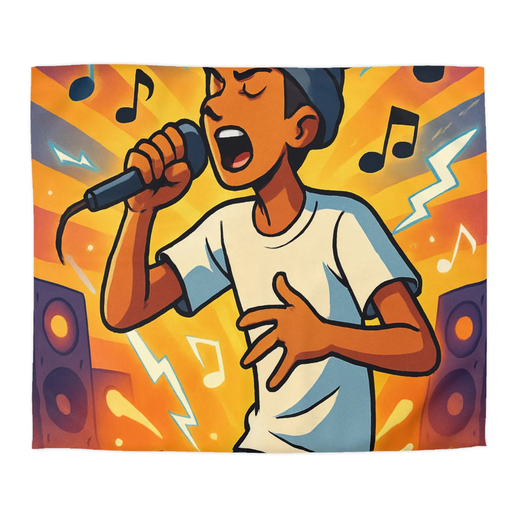 Housse de couette ambiance concert urbain avec chanteur et éclairs musicaux colorés