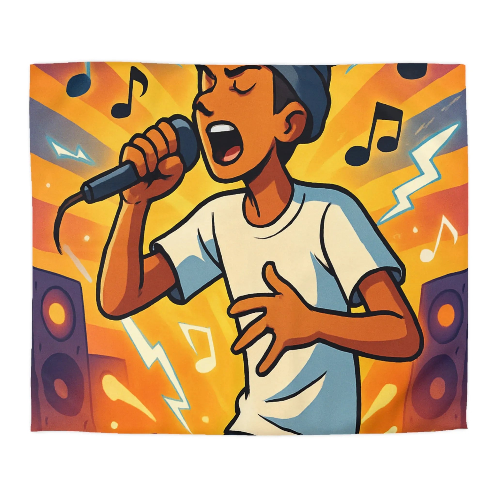 Housse de couette ambiance concert urbain avec chanteur et éclairs musicaux colorés