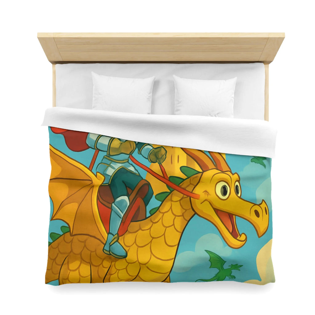 Housse de couette avec chevalier courageux chevauchant un dragon doré au-dessus château fantastique