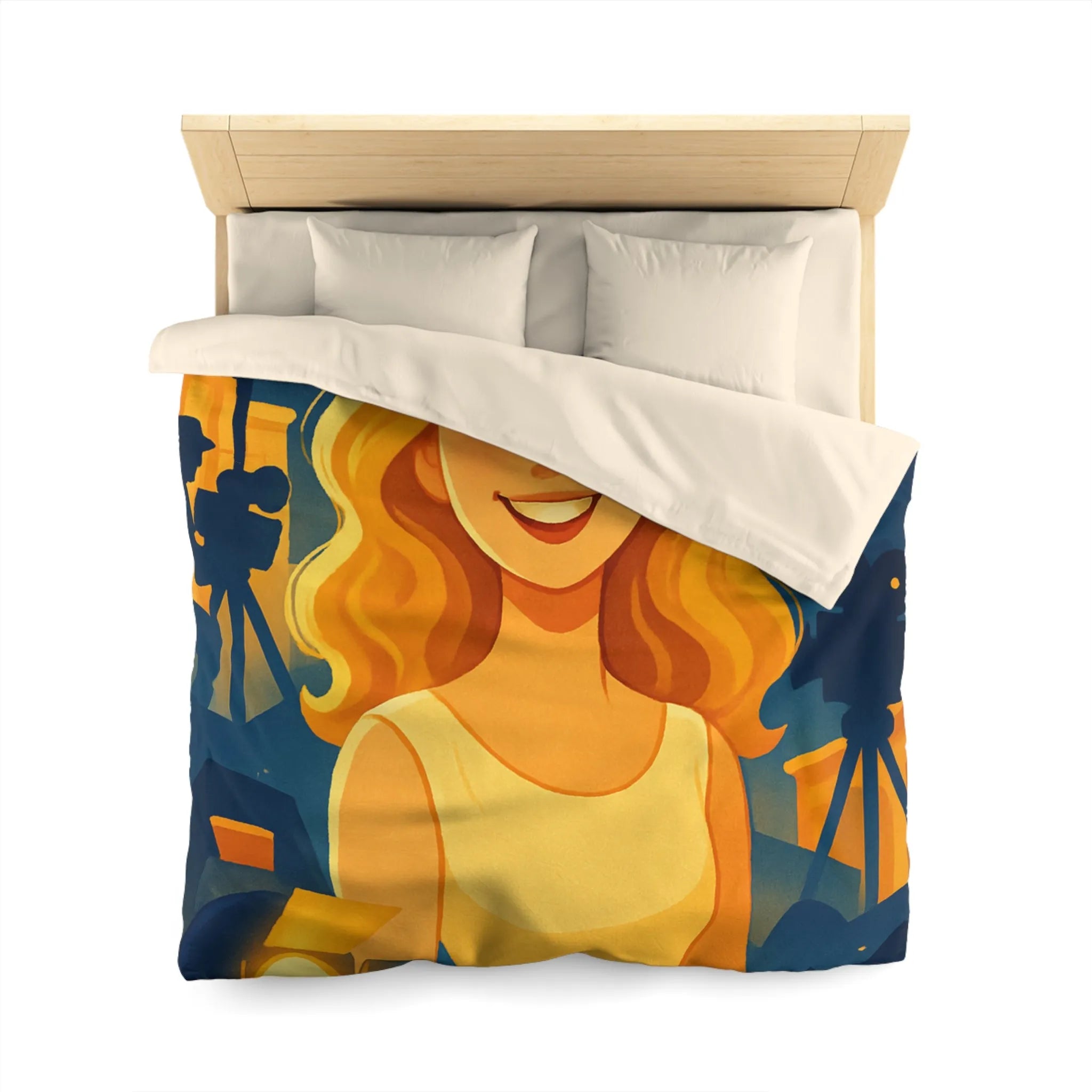 Housse de couette avec scène de tournage glamour et personnages stylisés illuminés