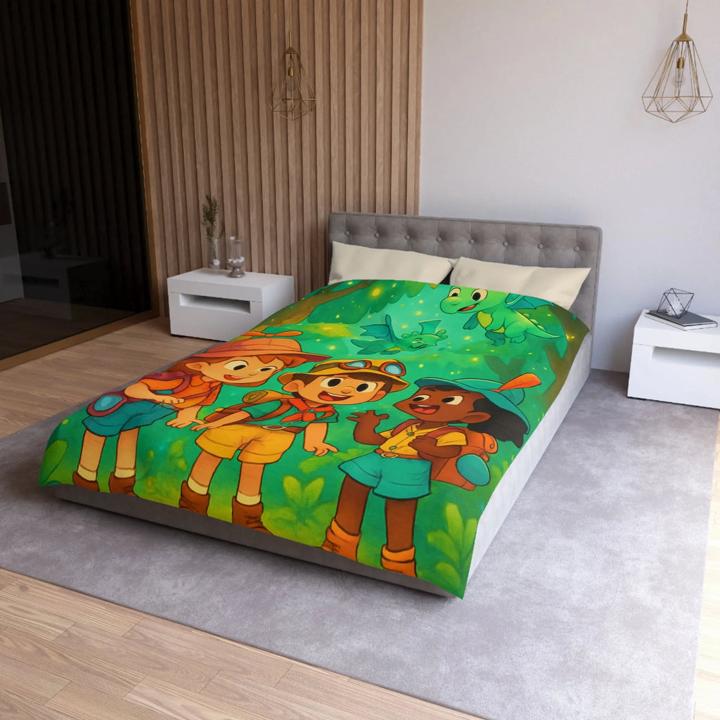 Housse de couette enfants aventure forêt avec dragons et jeunes explorateurs joyeux