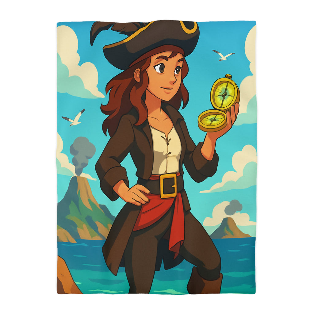 Housse de couette piraterie avec paysage maritime et aventurière avec boussole