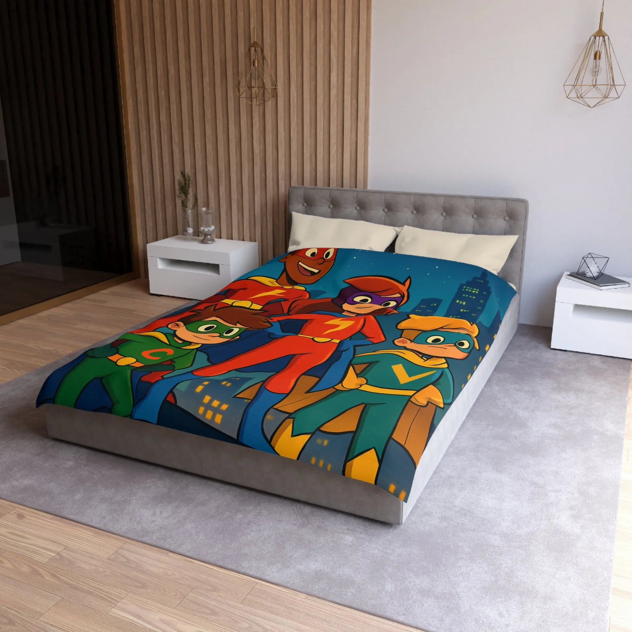 Housse de couette colorée super-héros pour enfants avec scène urbaine lumineuse et joyeuse