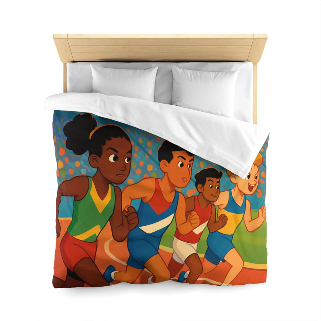 Housse de couette illustrée course d’athlétisme enfants vibrant soleil dynamique