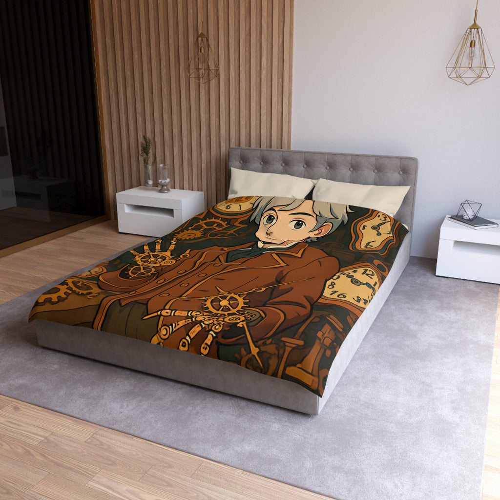 Housse de couette steampunk avec horloges et personnage stylé en tenue victorienne