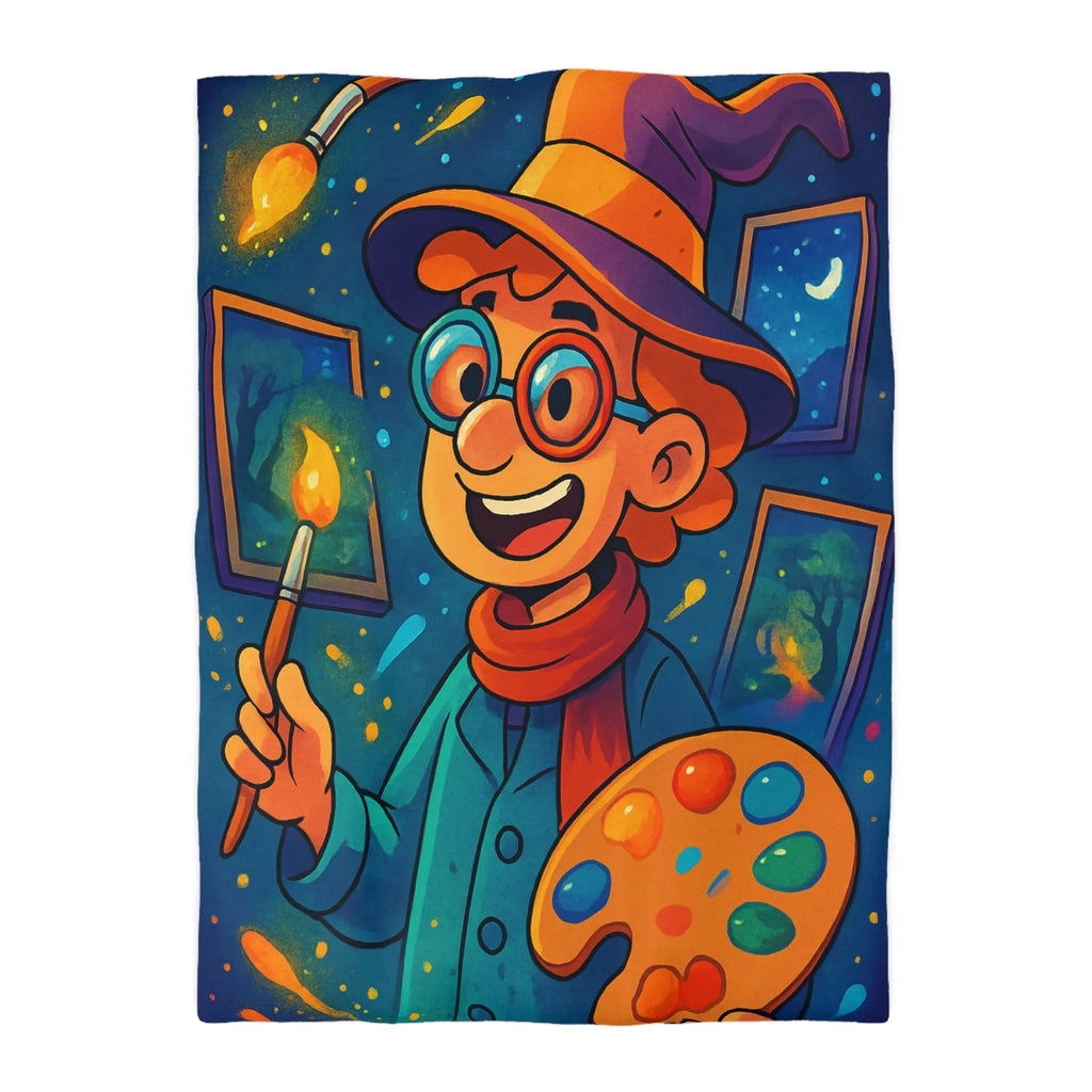 Housse de couette magique illustrée avec artiste en chapeau et palette lumineuse