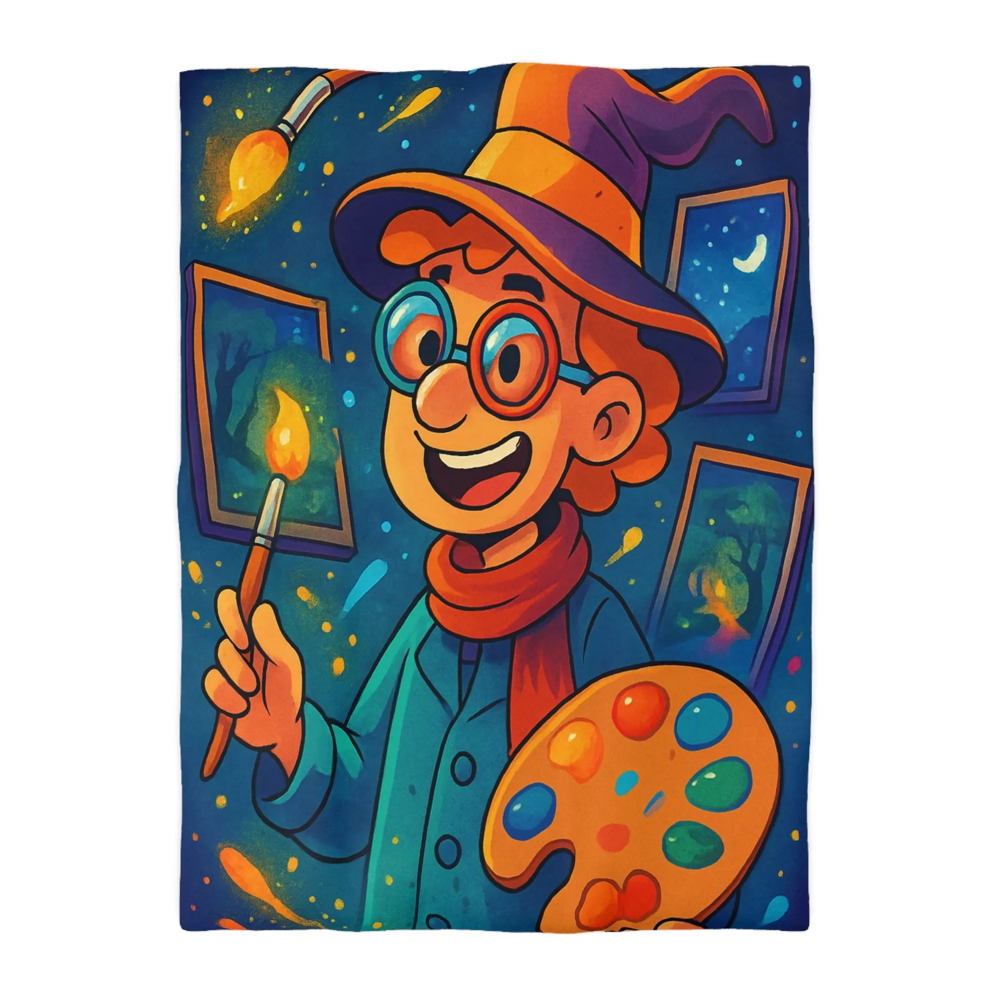 Housse de couette magique illustrée avec artiste en chapeau et palette lumineuse