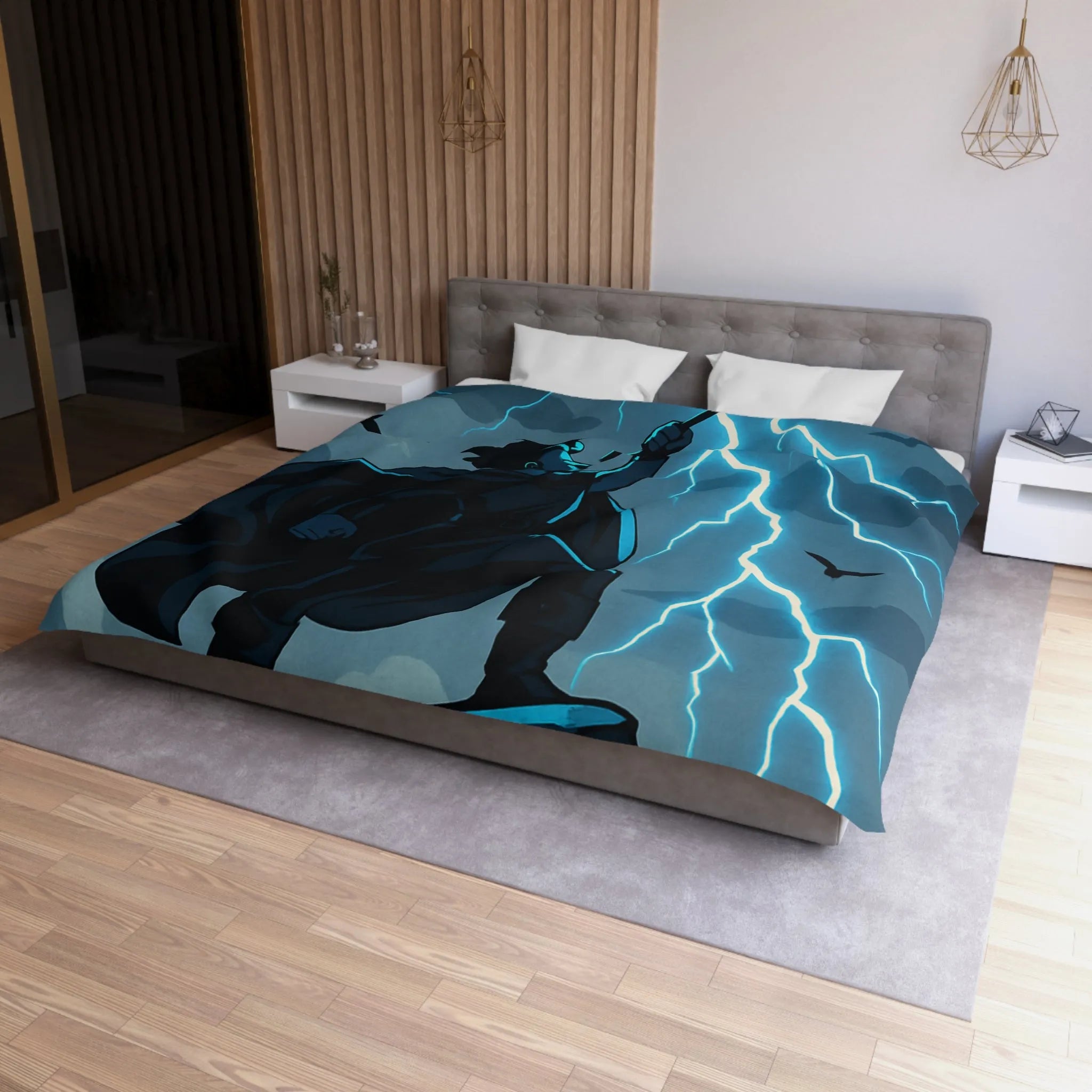 Housse de couette épique avec personnage et éclairs en style illustration fantastique