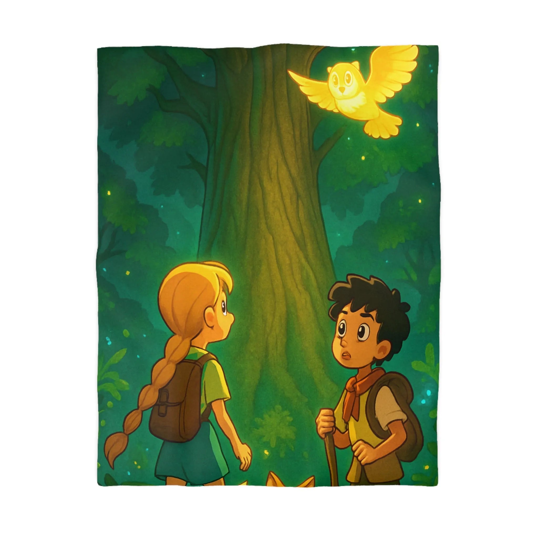 Housse de couette forêt enchantée avec enfants, renard et hibou lumineux