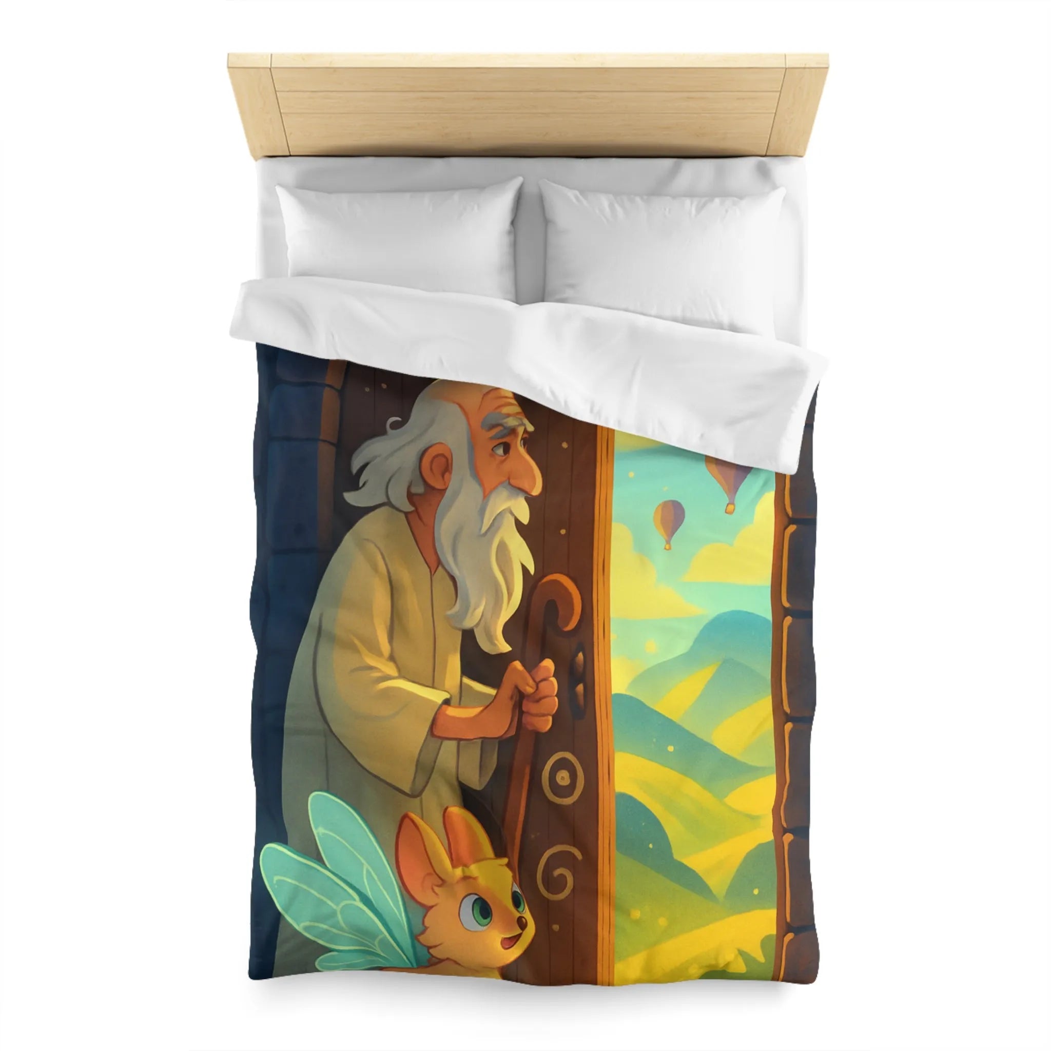 Housse de Couette Fantastique avec Ancien Sage et Paysage Magique Étoilé Soufflant