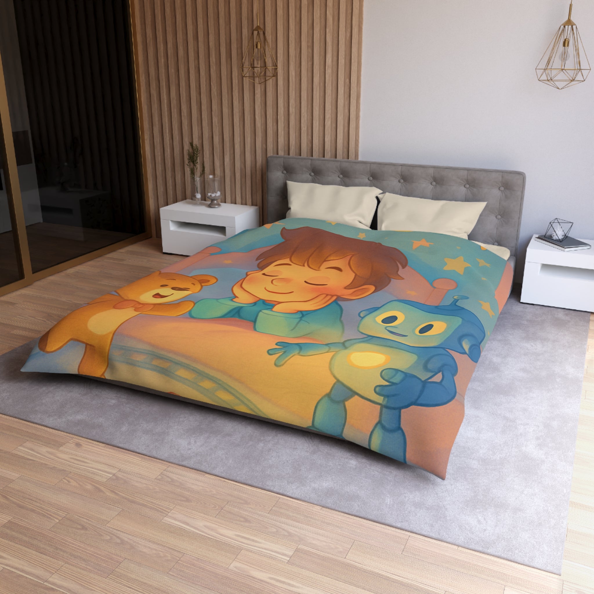 Housse pour enfants avec ourson, robot et train sur fond étoilé et lunaire
