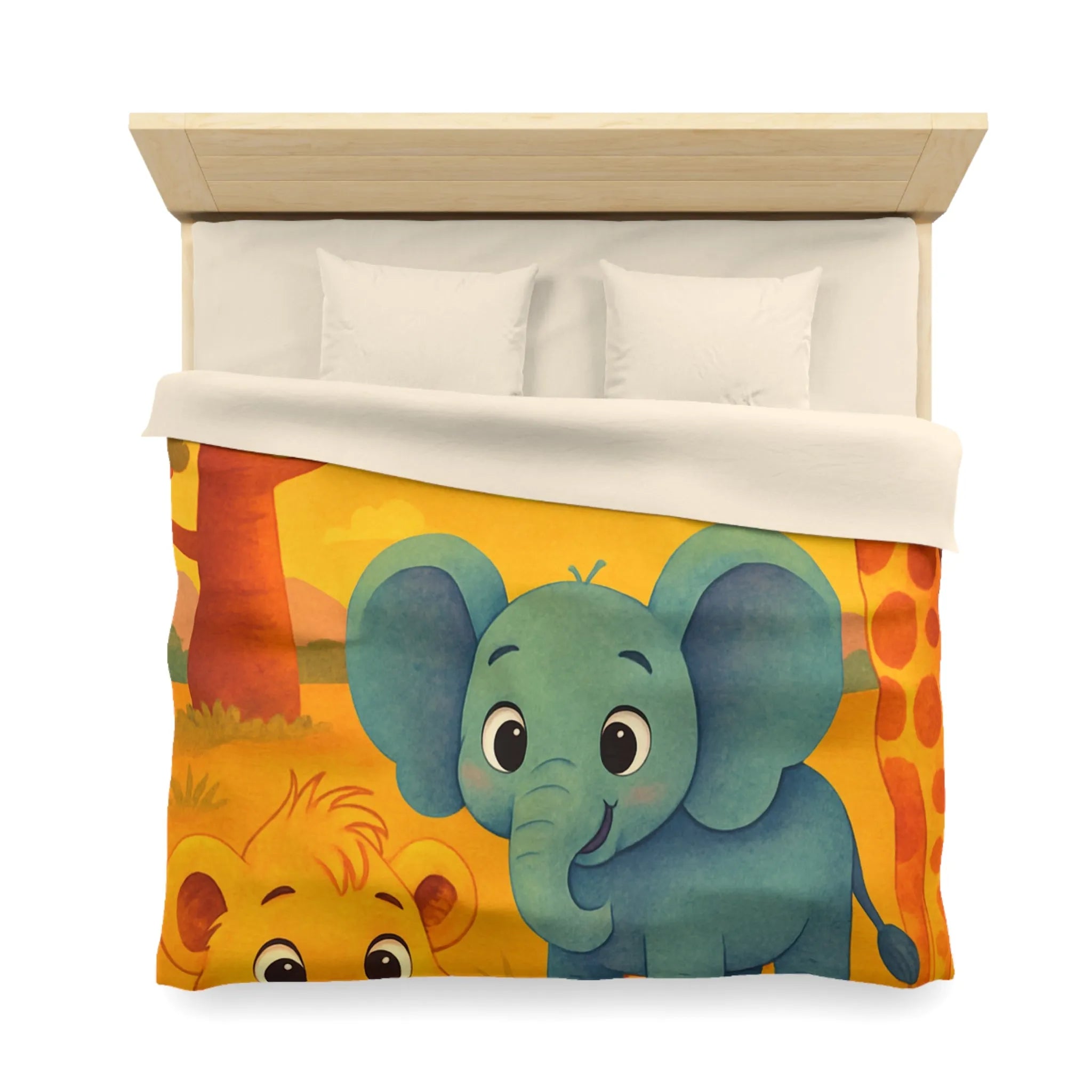 Housse de couette enfants safari animaliers avec lion, éléphant et girafe rigolos