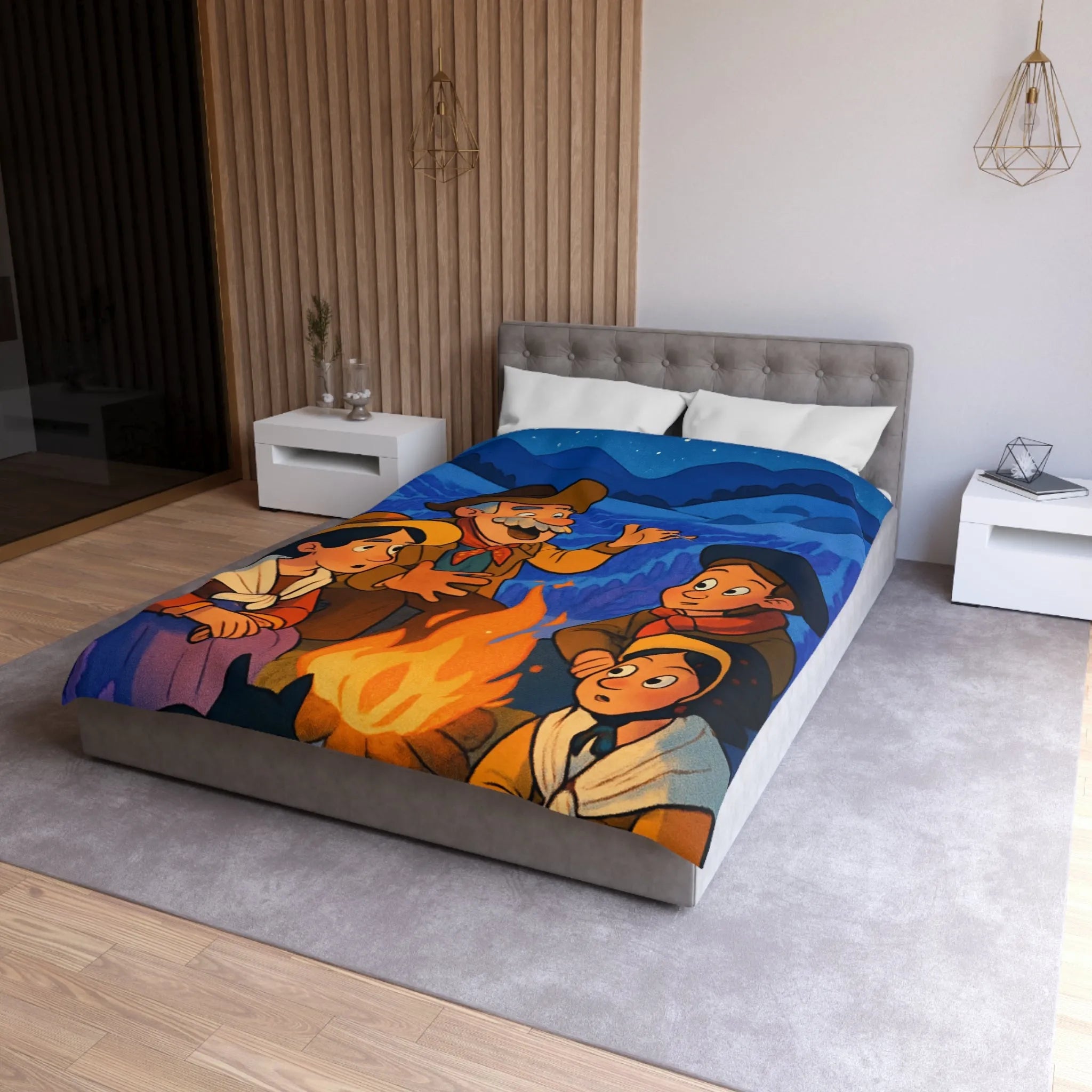 Housse de couette colorée avec scène animée racontant une histoire sous les étoiles