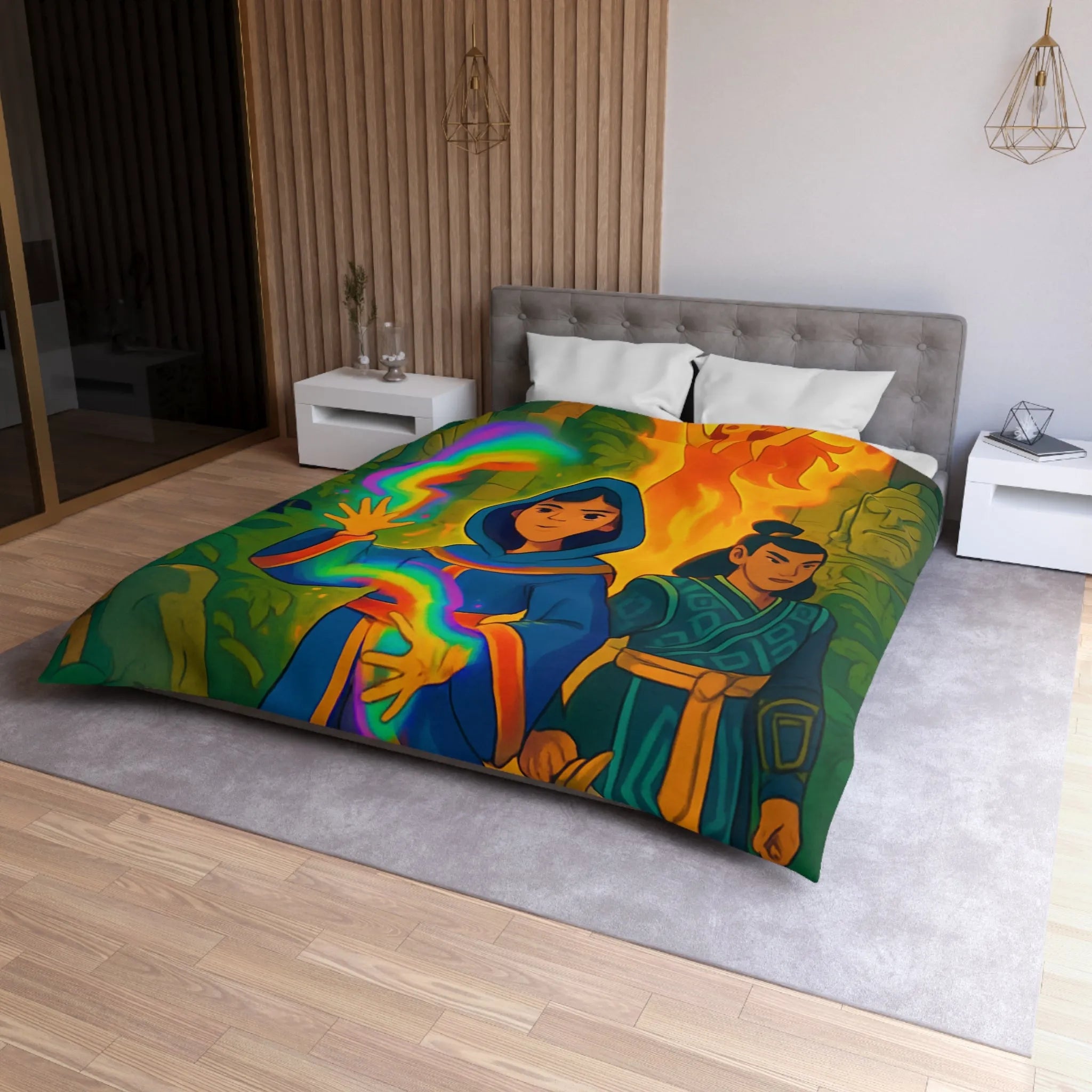 Housse de couette magique colorée : aventure mystique avec personnages énigmatiques et feu flamboyant
