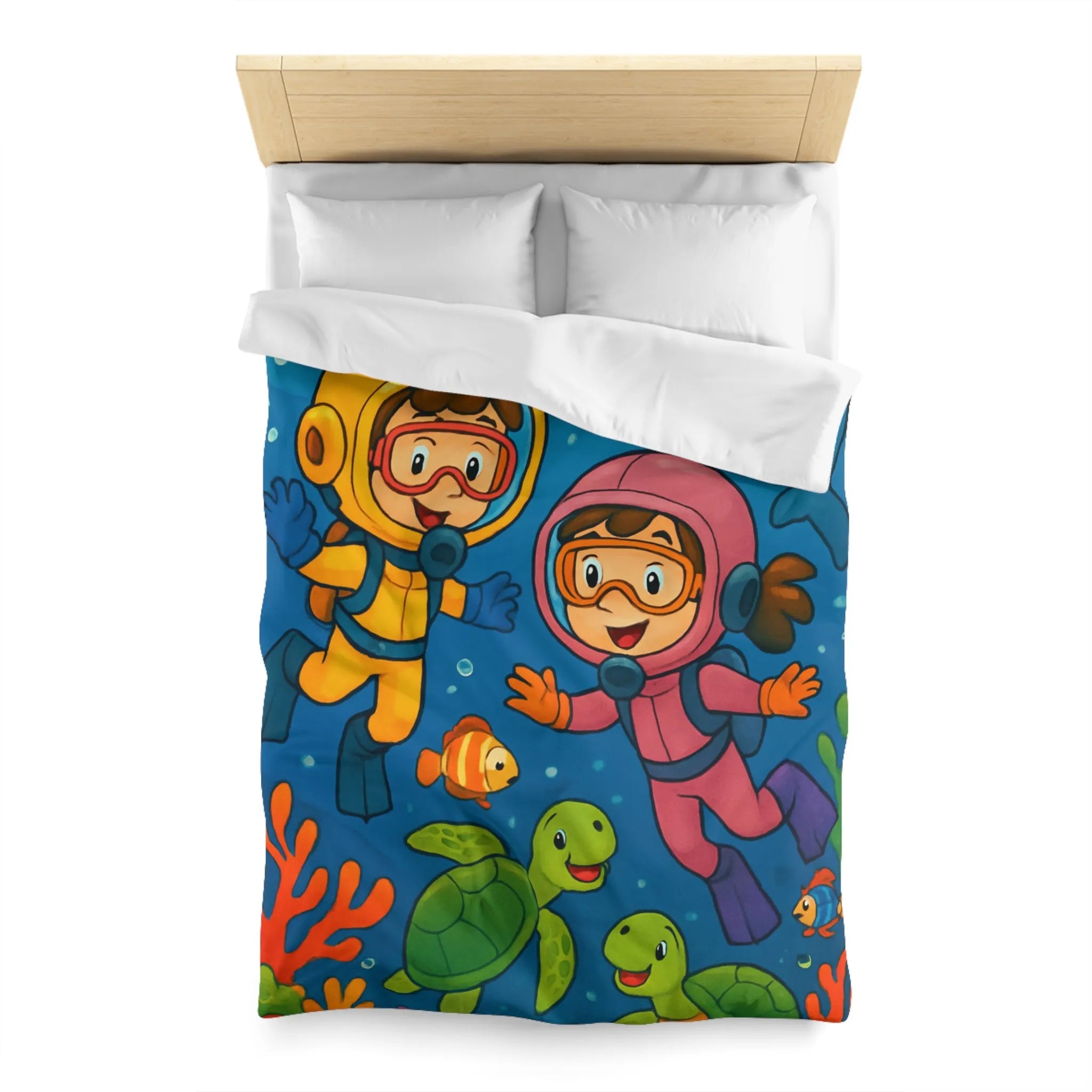 Housse de couette ludique pour enfant avec plongeurs et animaux marins multicolores