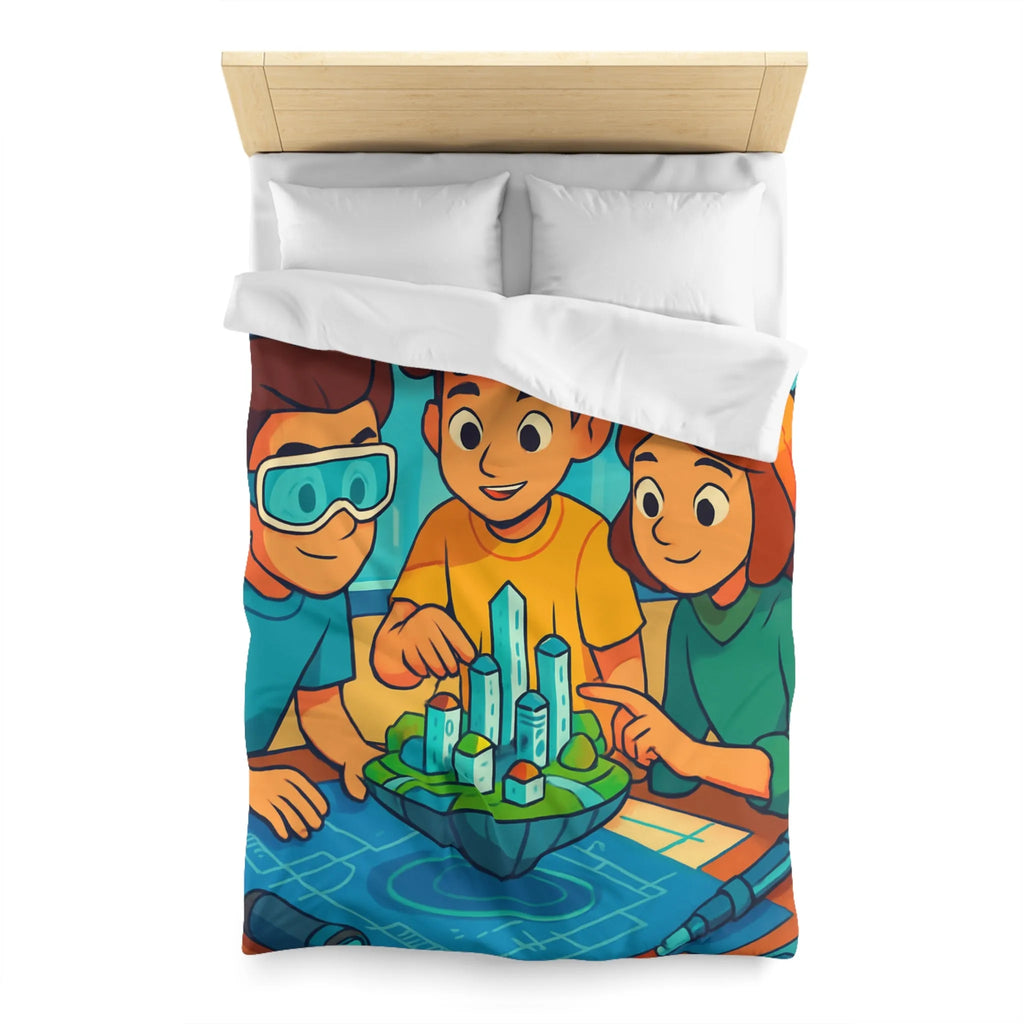 Housse de couette avec design futuriste ludique, enfants explorant une ville miniature colorée