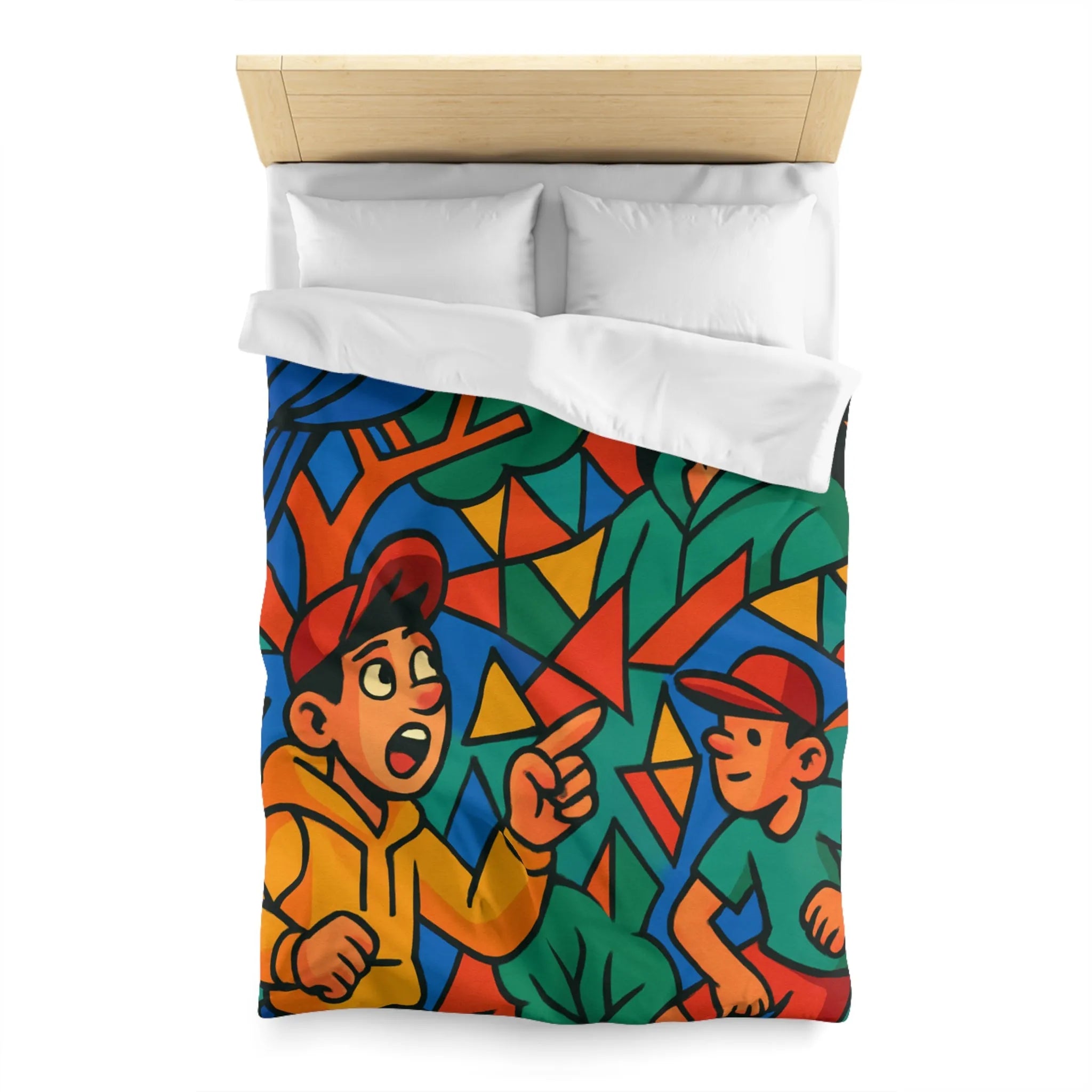 Housse de couette colorée avec design vibrant, oiseaux et figures humaines animées