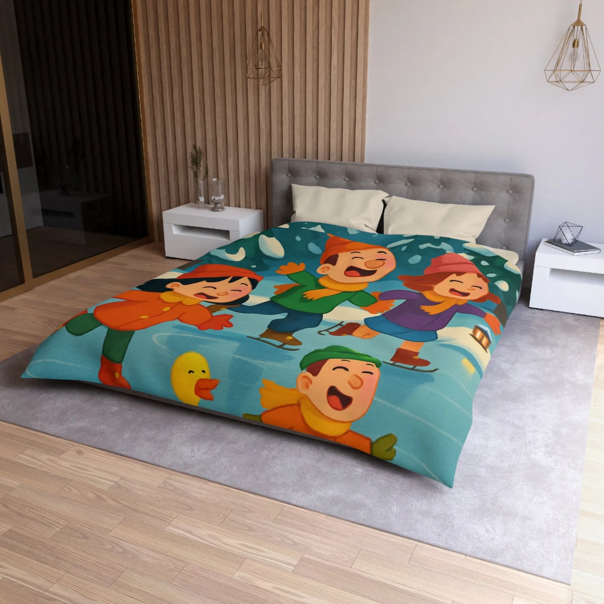 Housse de couette hiver joyeuse avec enfants et petits canards patinant sur glace