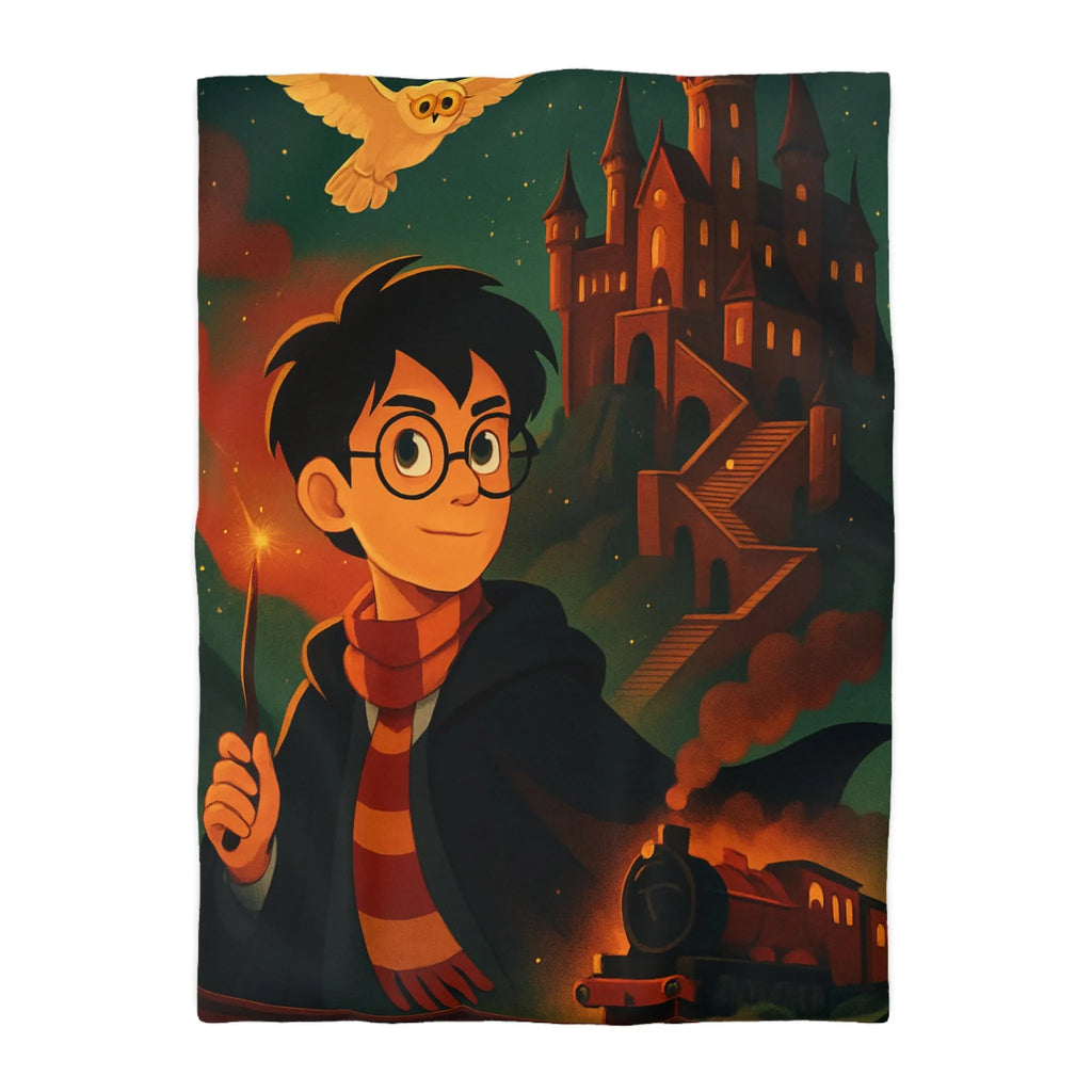 Housse de couette magique avec jeune sorcier, hibou, château et train en fond