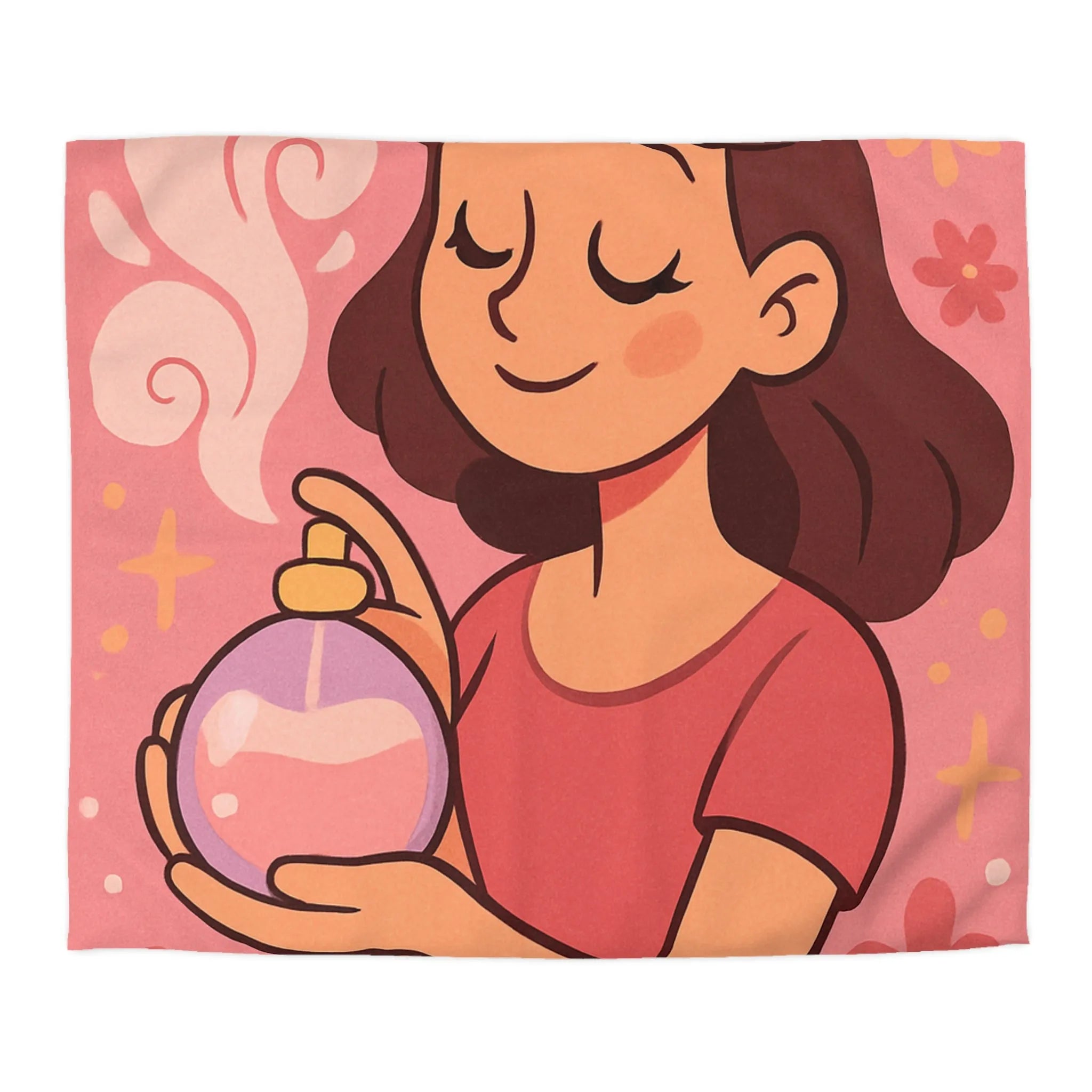 Housse de couette illustration parfum avec femme souriante tenue bouteille contre fond rose