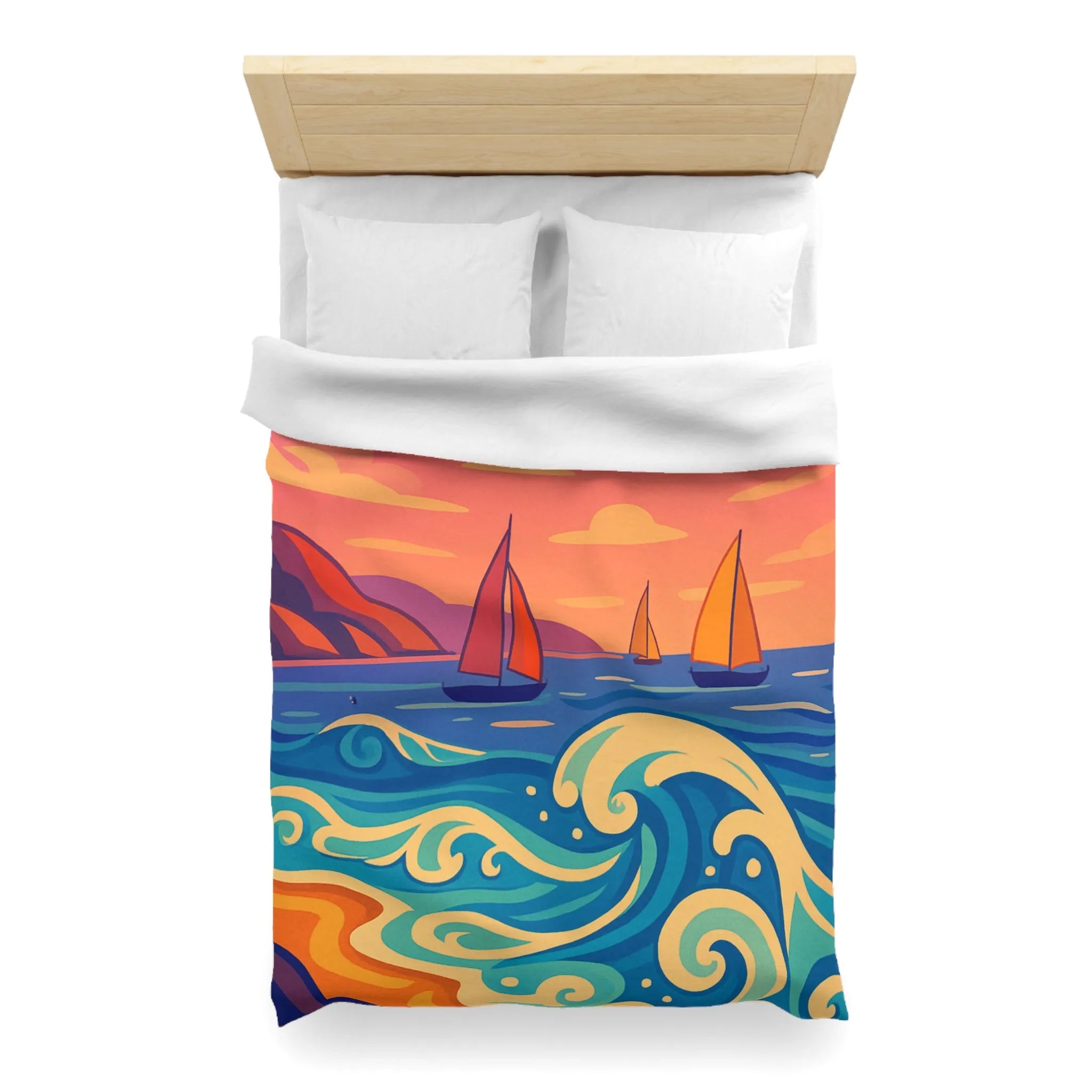 Housse de couette colorée avec paysage marin, voiliers et coucher de soleil vibrant
