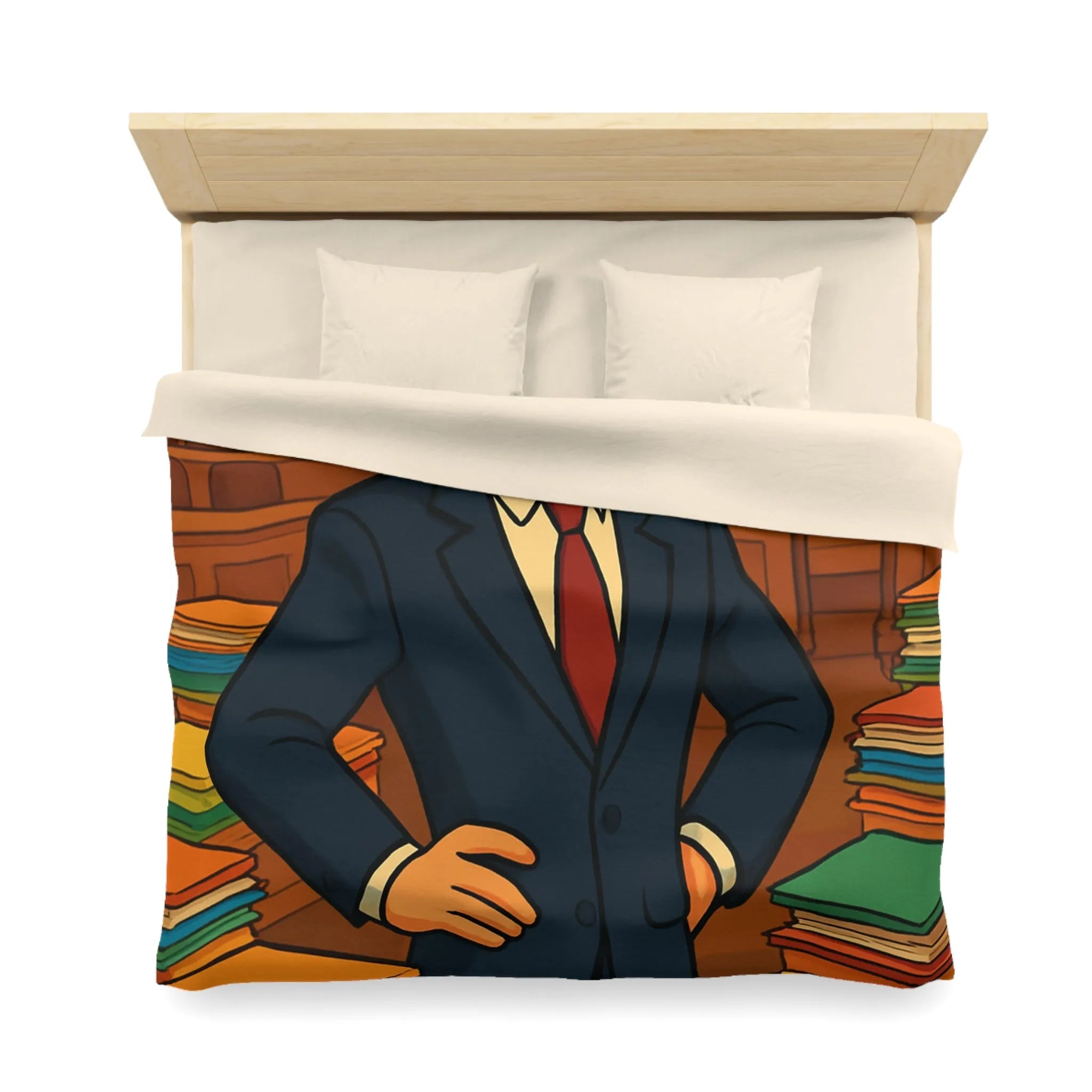 Élégante housse de couette rétro, piles de dossiers colorés, personnage confiant et distingué