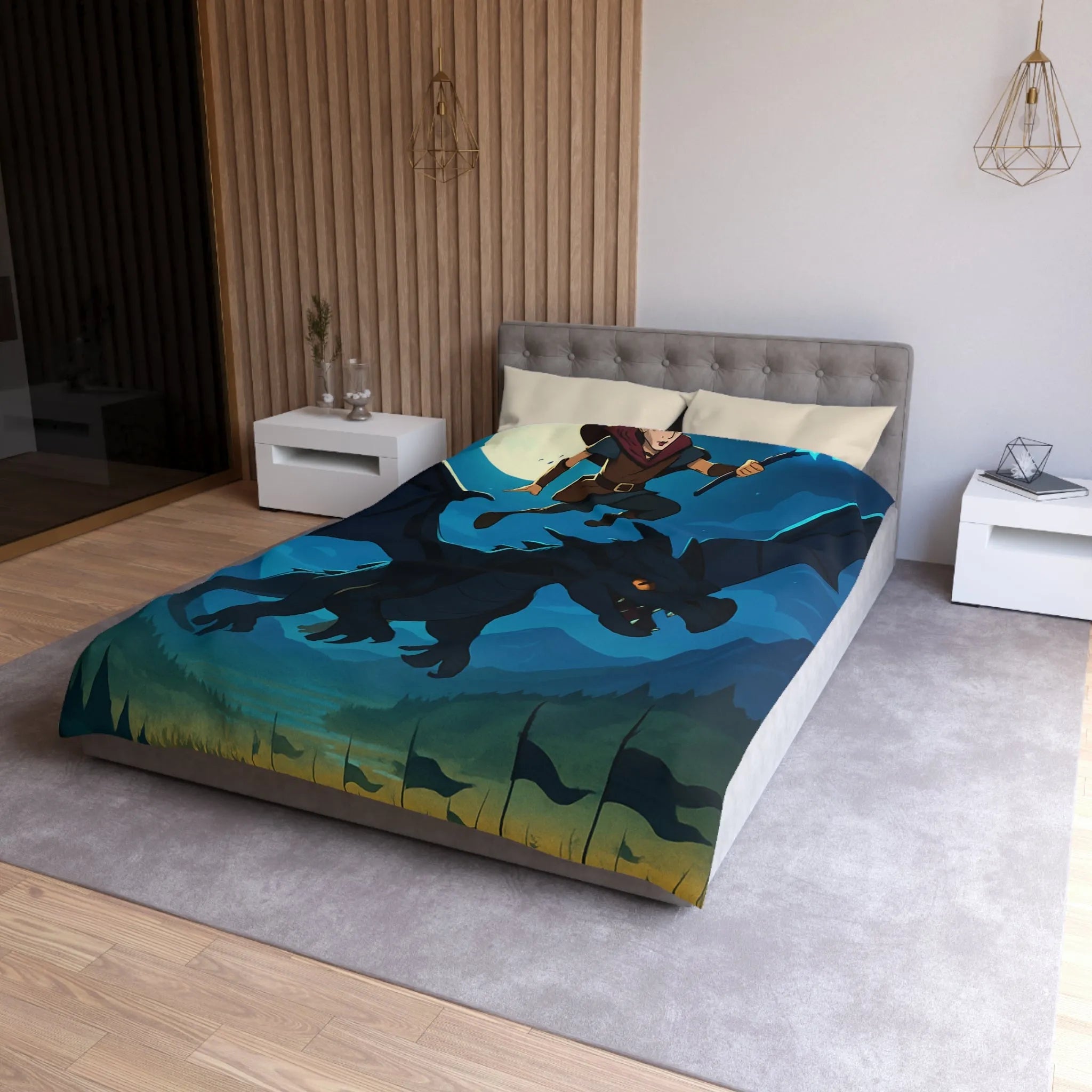 Housse de couette épique avec dragon volant et sorcier sous la pleine lune magique