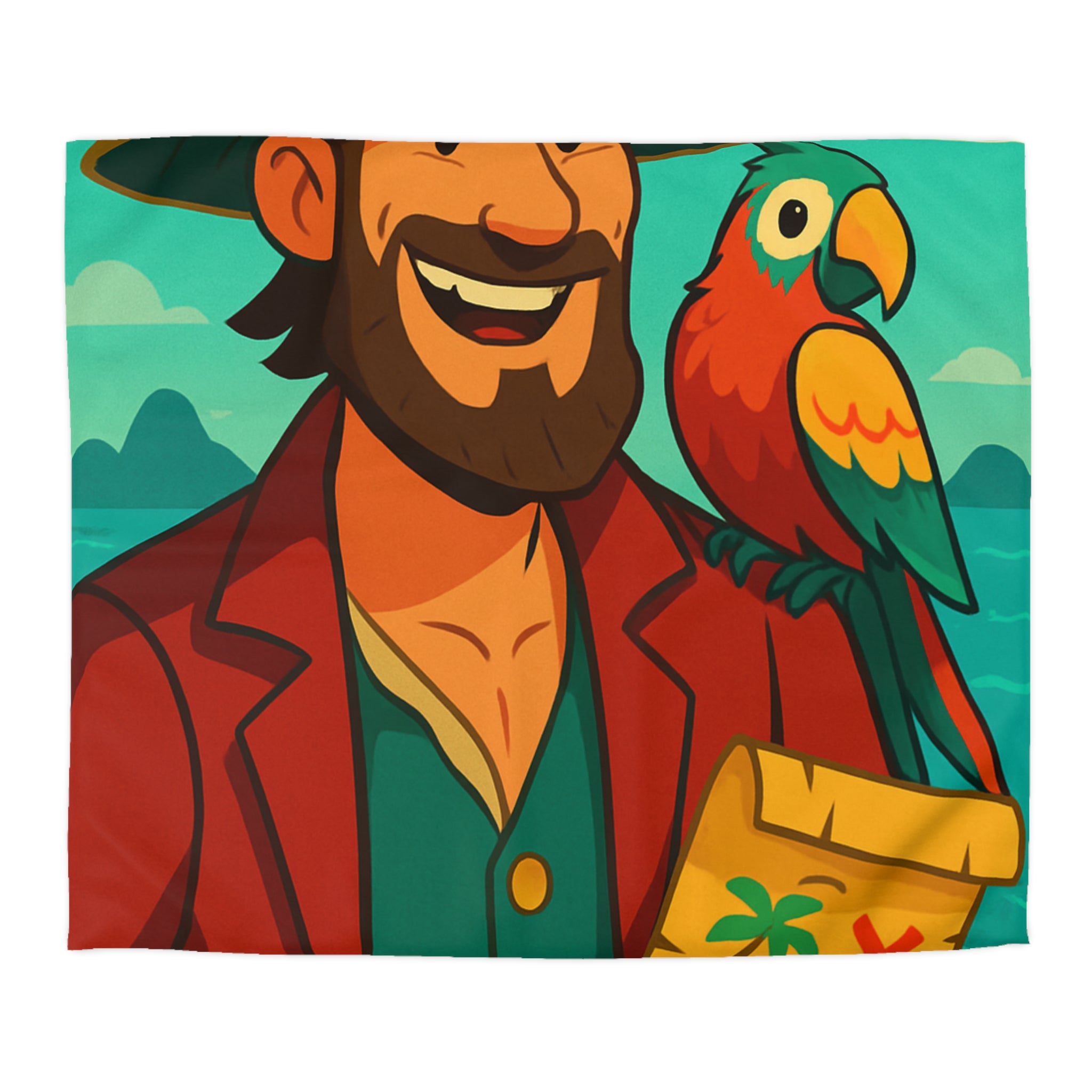 Housse de couette pirate aventurier avec perroquet coloré et carte au trésor illustrée