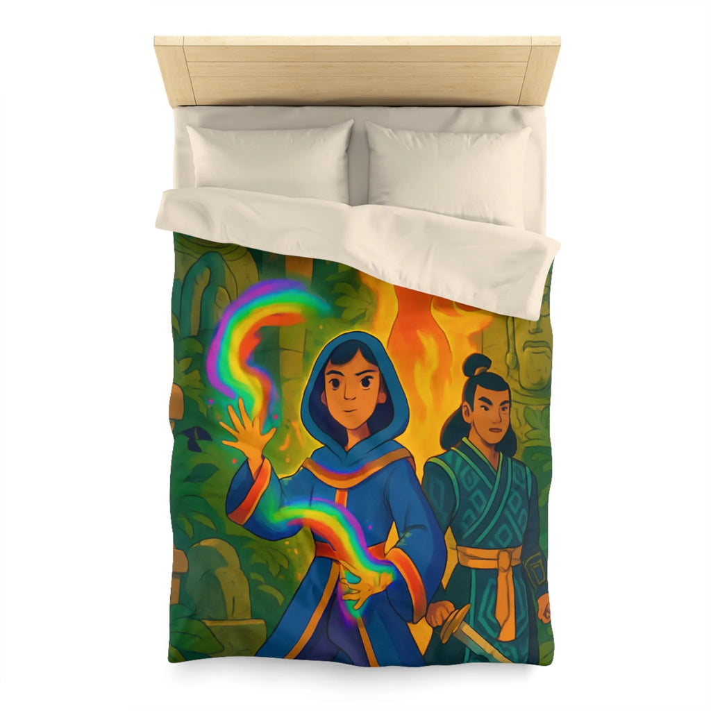 Housse de couette magique colorée : aventure mystique avec personnages énigmatiques et feu flamboyant
