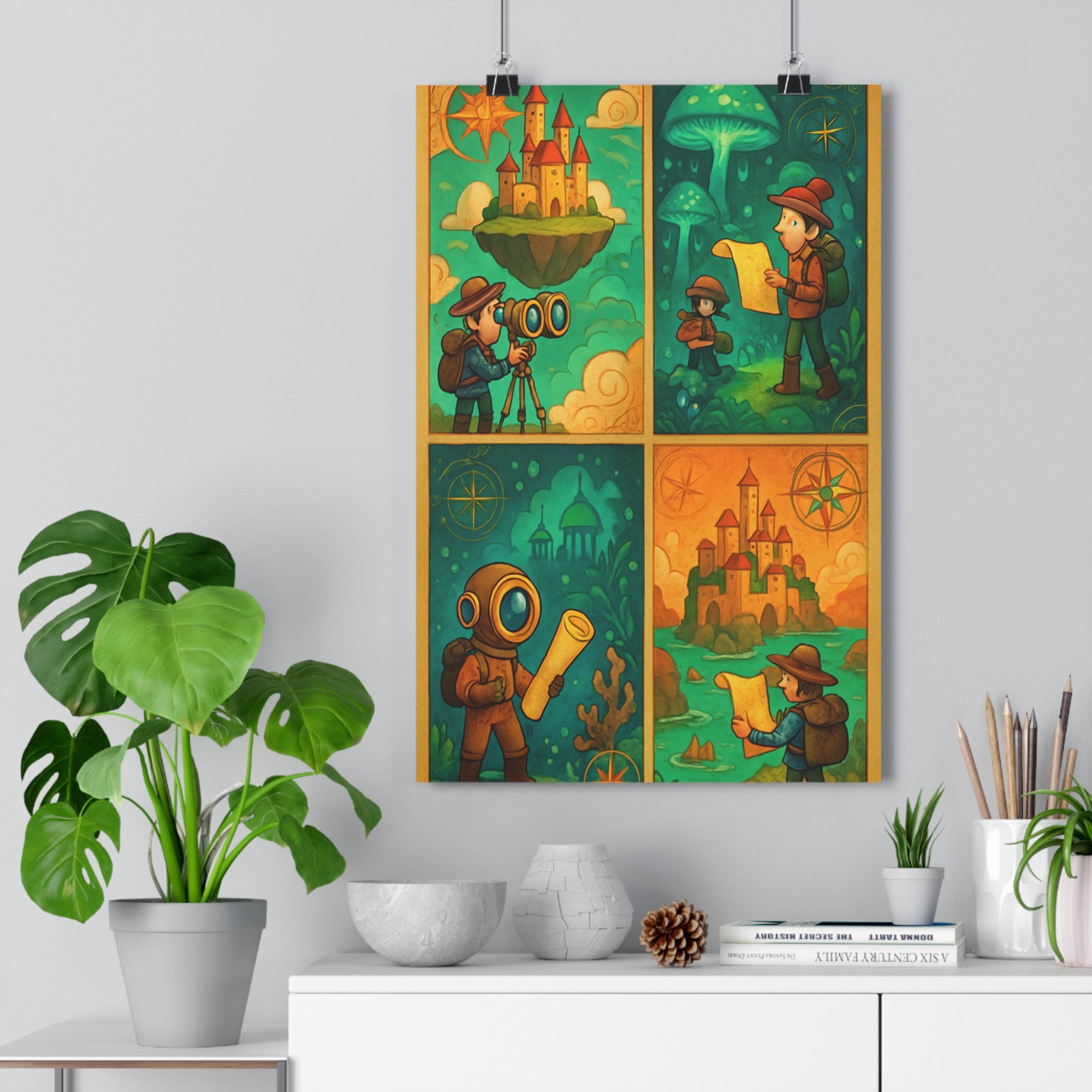 Poster décoratif steampunk rétro bleu vert orange aventure salon chambre créatif explorateurs imaginaire fantaisie