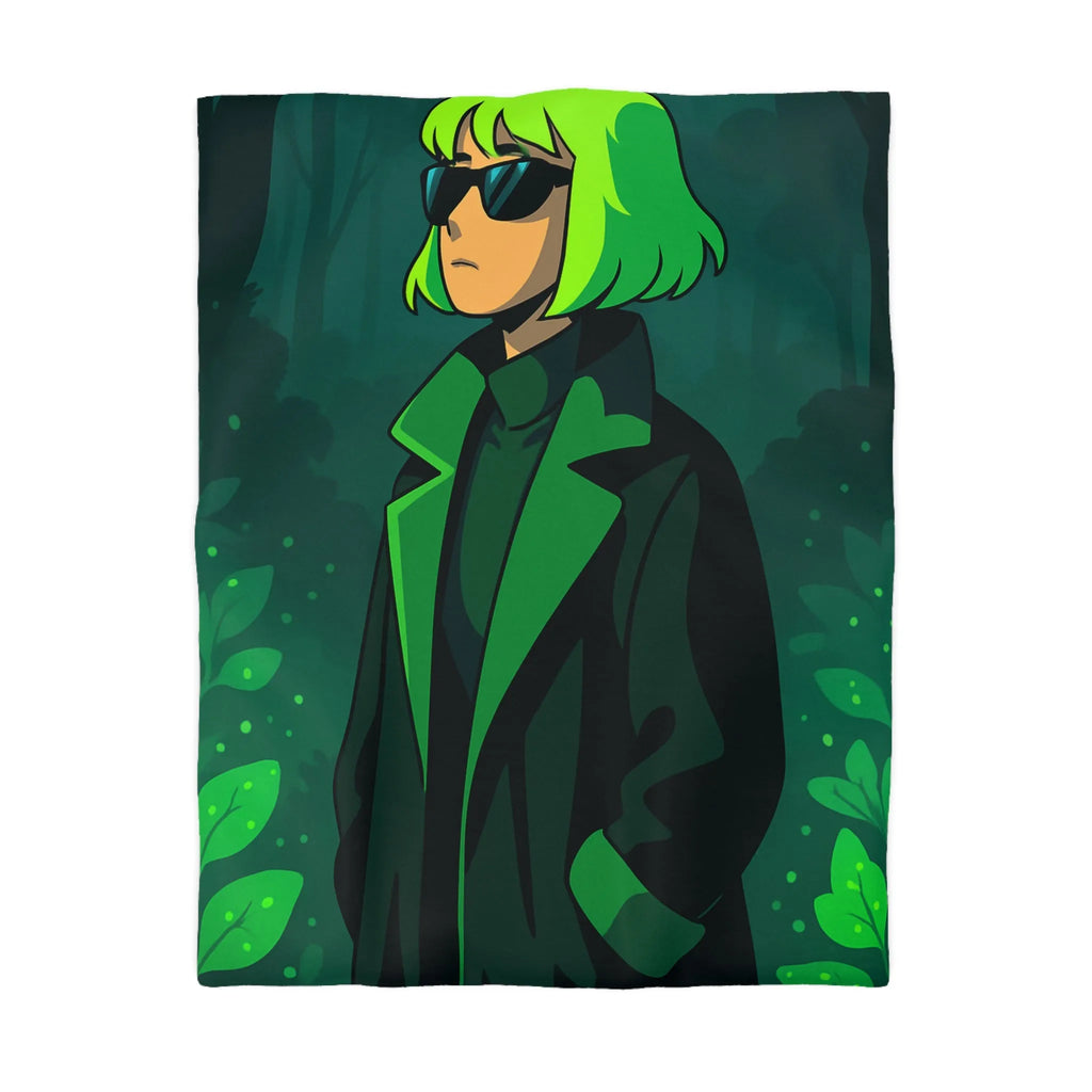 Housse de couette forêt graphique avec personnage mystérieux et nuances vertes élégantes