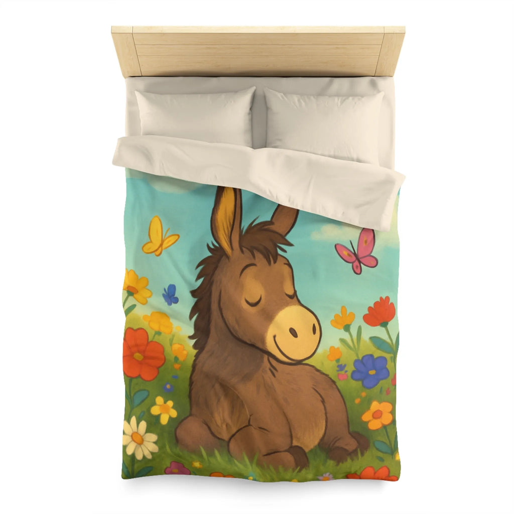 Housse de couette enfant Âne endormi, fleurs colorées et papillons dans un pré