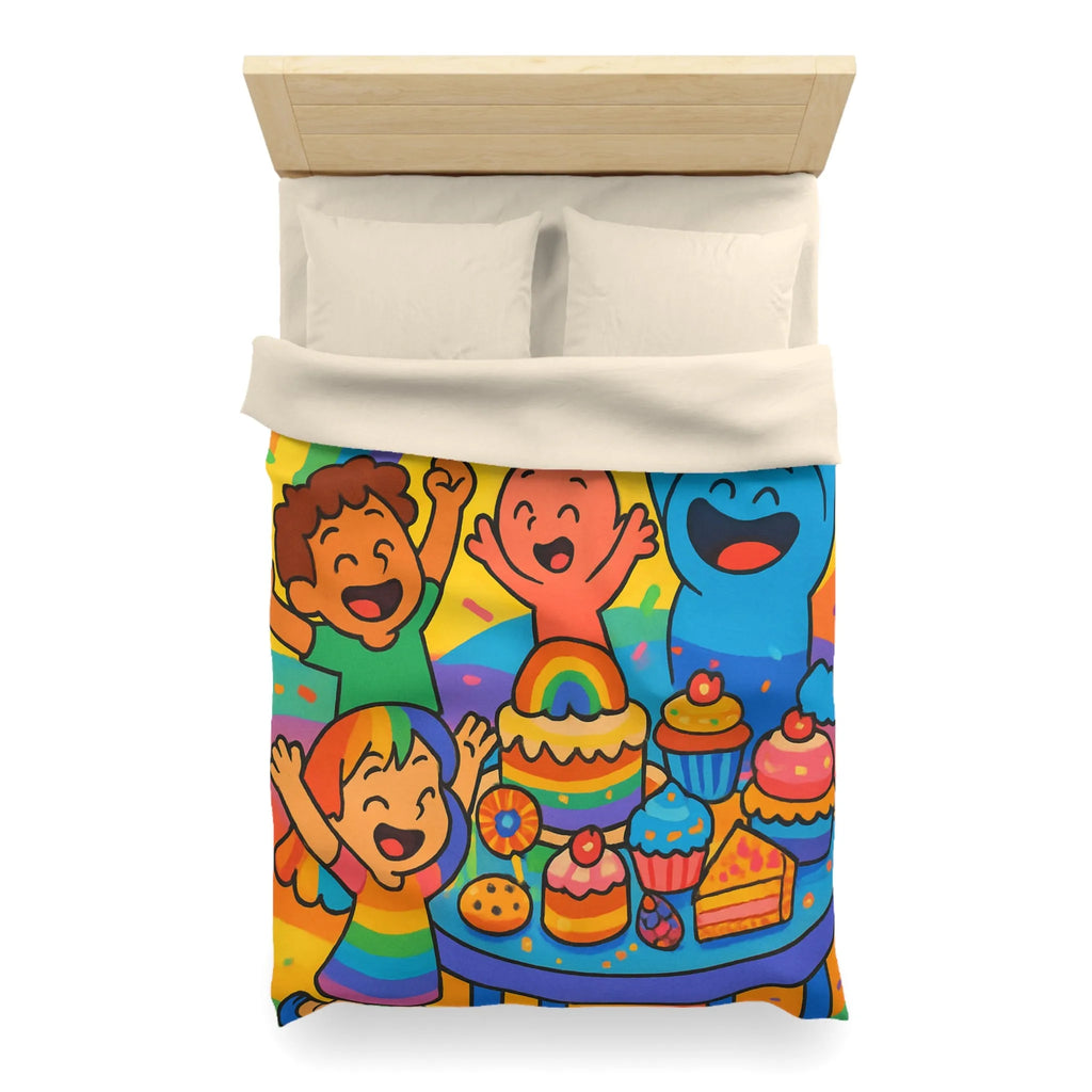 Housse de couette arc-en-ciel enfantine avec personnages joyeux et gâteau festif coloré