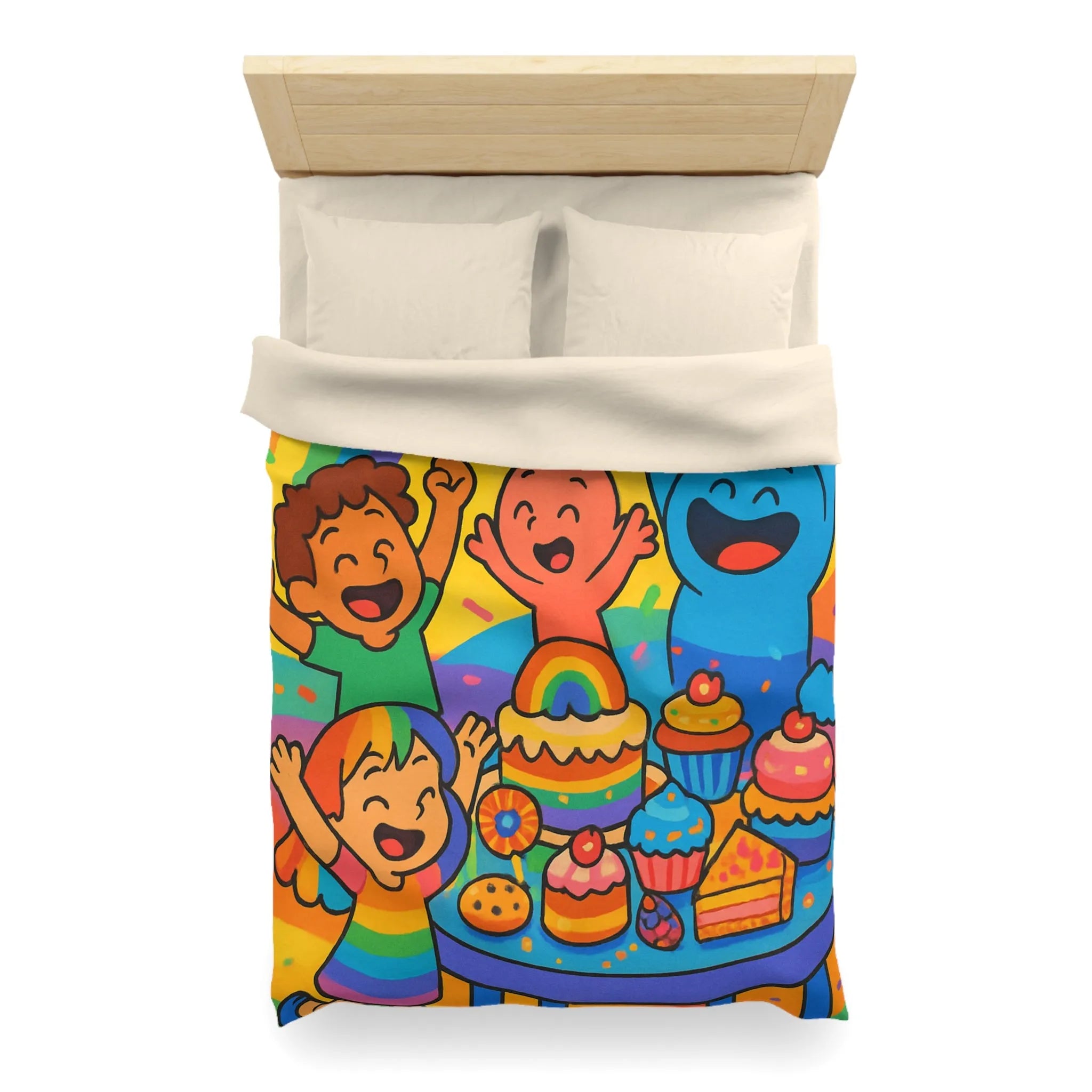 Housse de couette arc-en-ciel enfantine avec personnages joyeux et gâteau festif coloré