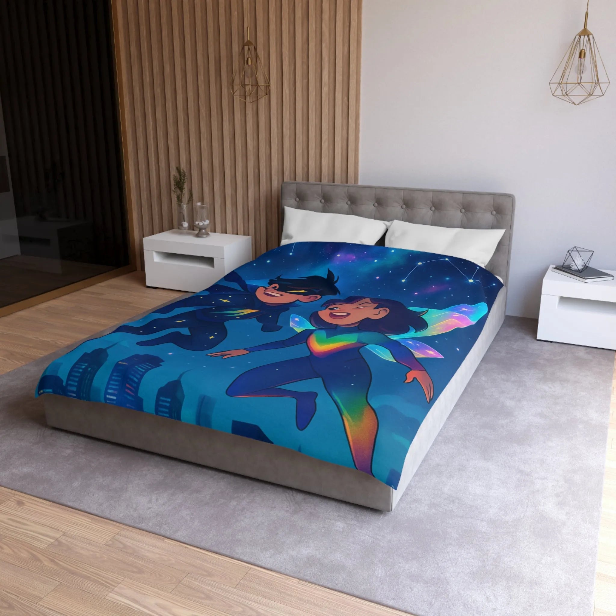 Housse de couette enfant illustrant super-héros lumineux volant au-dessus d’une ville étoilée