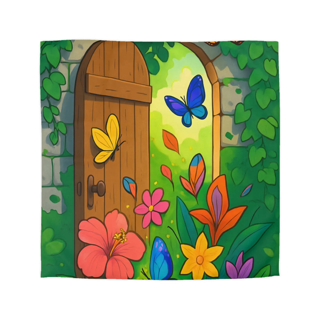 Housse de couette avec papillons colorés et fleurs devant porte de jardin enchanté