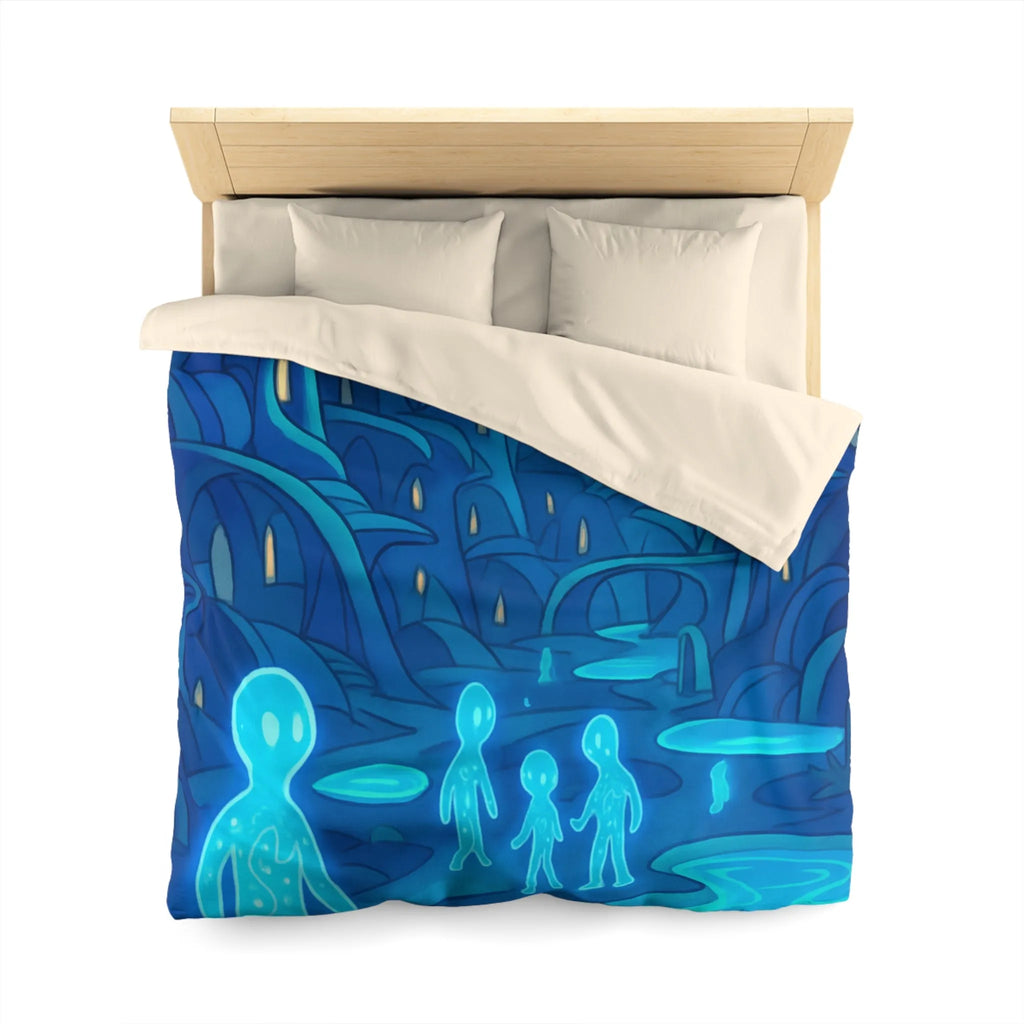 Housse de couette fantastique avec paysage extraterrestre, créatures lumineuses et lune mystique