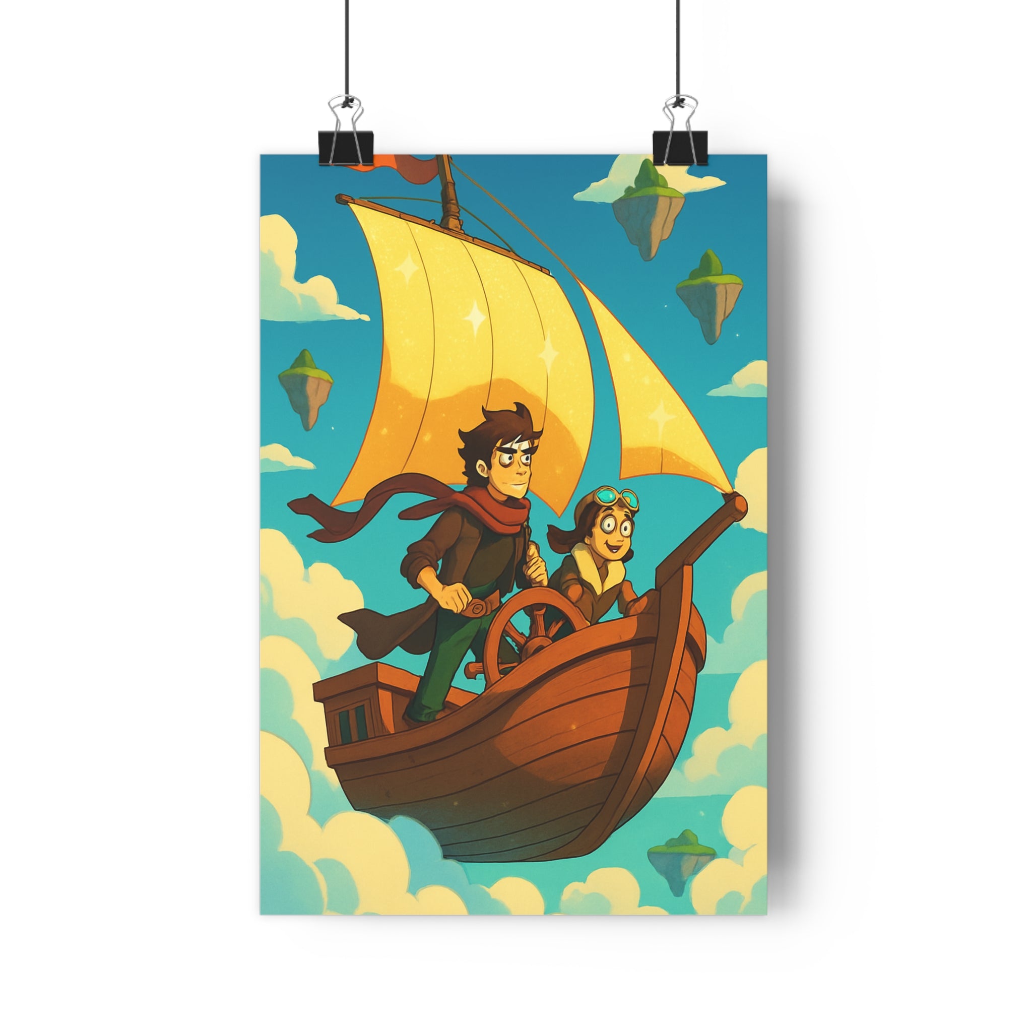 Poster décoratif aventure dessin animé bleu doré nuages chambre enfant ciel bateau personnages 30x46