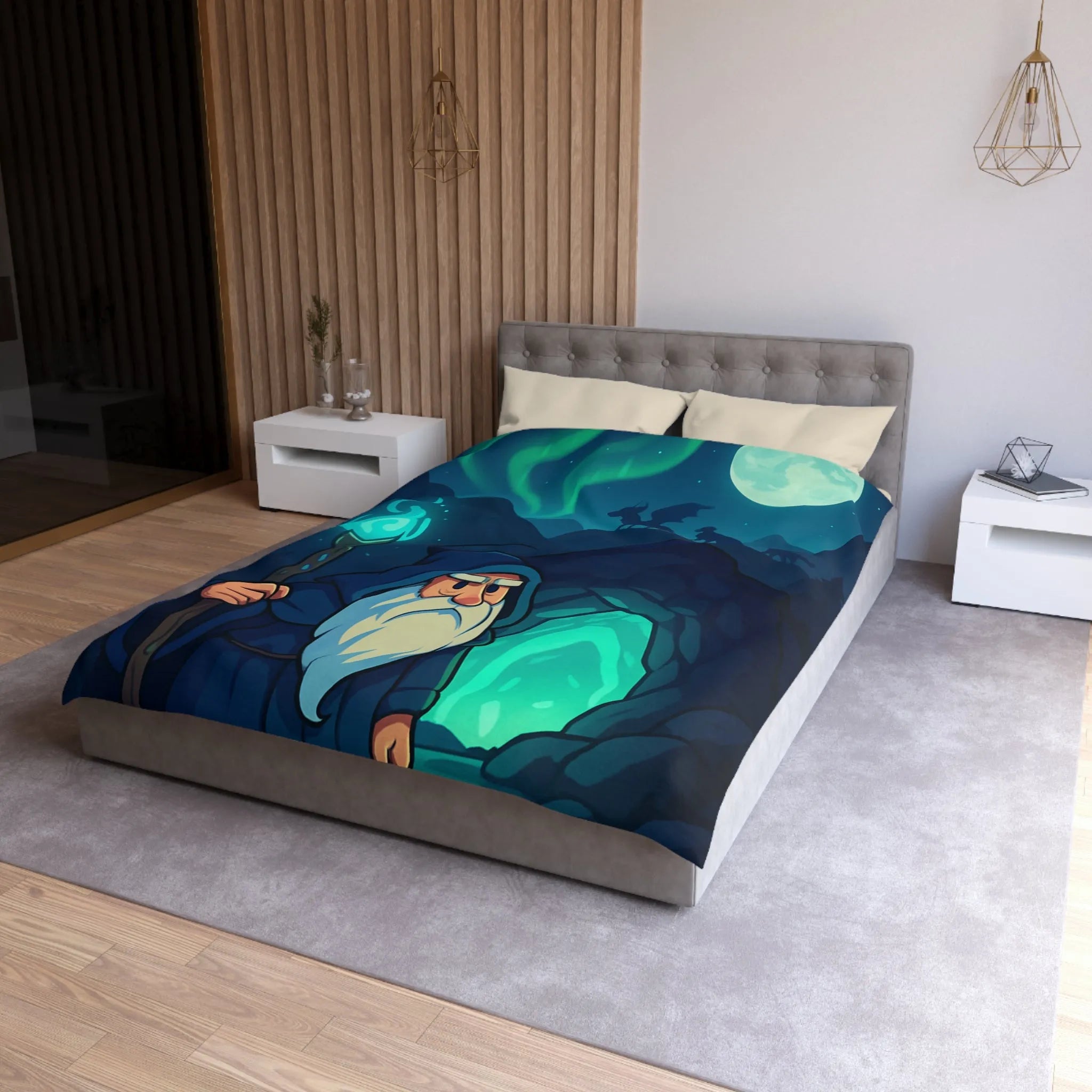 Housse de couette avec illustration de sorcier sous une aurore boréale et pleine lune